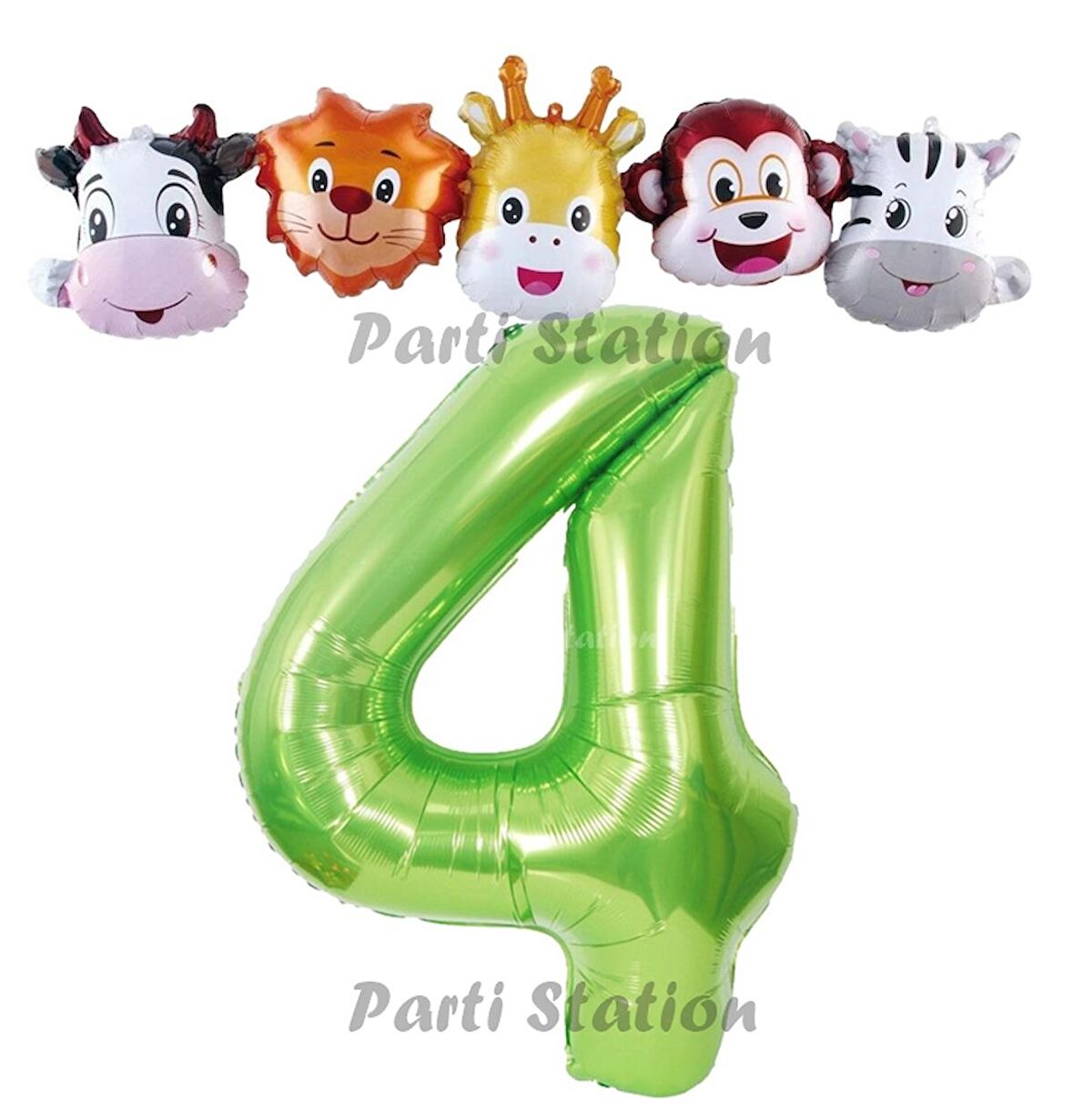 Yeşil Renk Rakam Balonlu Safari 4 Yaş Doğum Günü Parti Balon Set Safari Hayvanlar Tema Parti