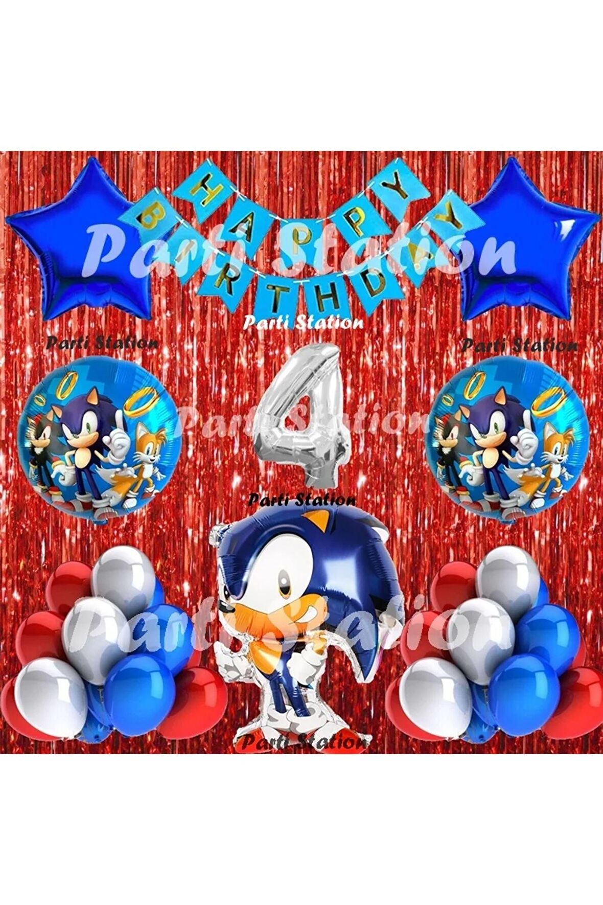 Tilki Sonic Balon Set 4 Yaş Tilki Sonic Konsept Doğum Günü Parti Gümüş Renk Rakam Balon Set