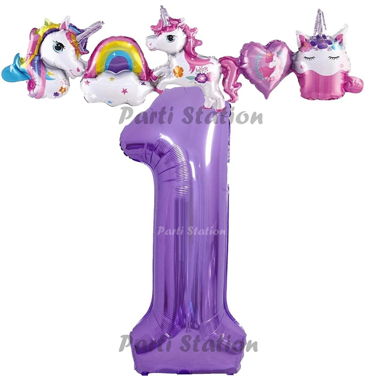 Mor Renk Rakam Balonlu Unicorn 1 Yaş Doğum Günü Parti Balon Set Unicorn Tema Lila Renk Parti Seti