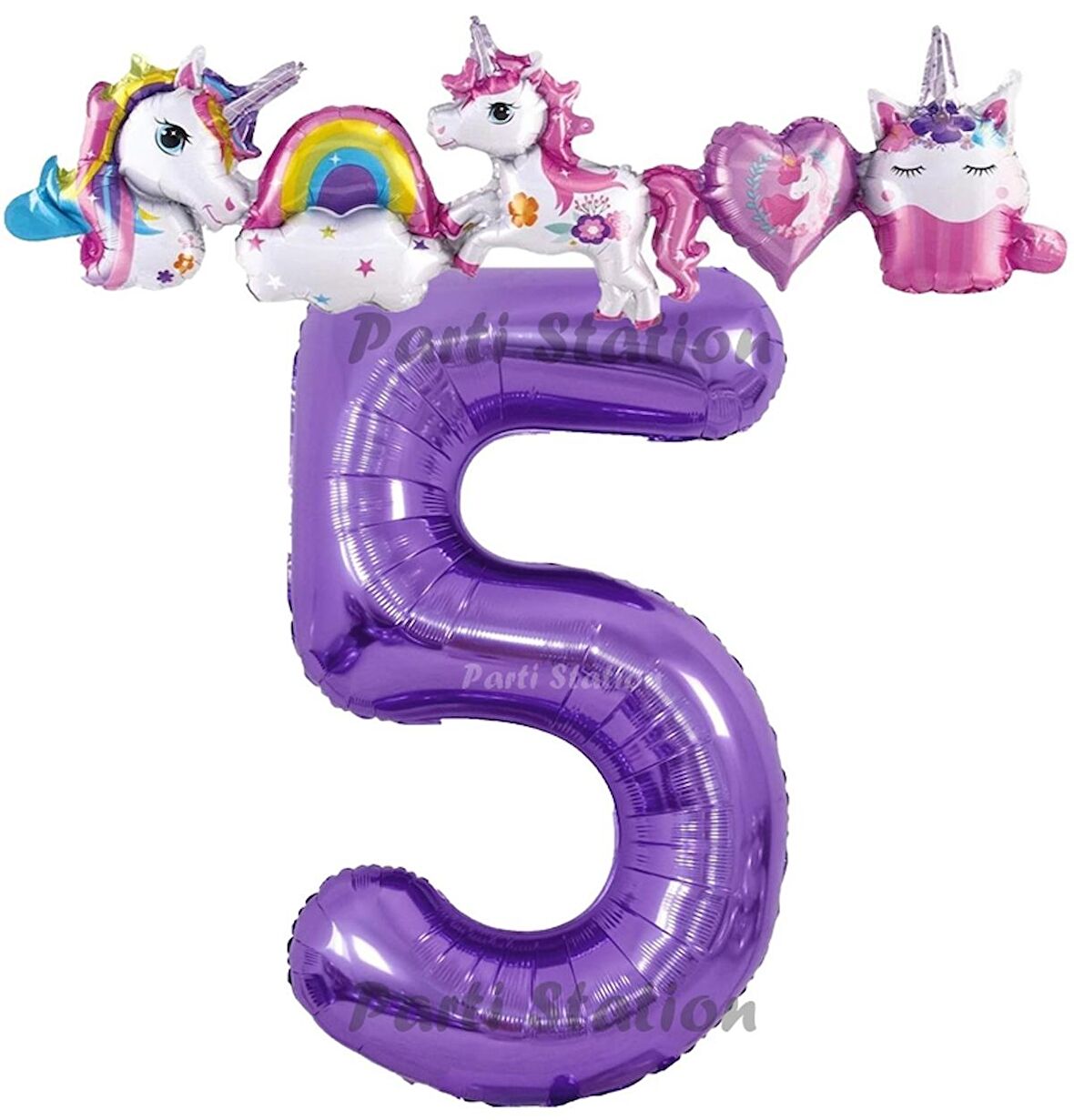 Mor Renk Rakam Balonlu Unicorn 5 Yaş Doğum Günü Parti Balon Set Unicorn Tema Lila Renk Parti Seti