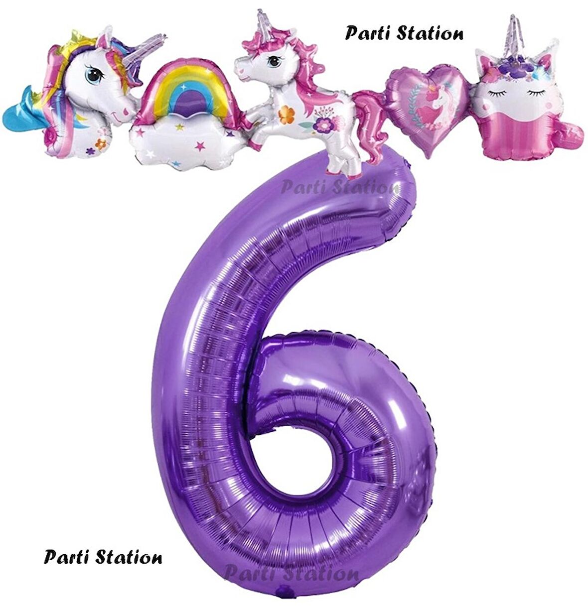 Mor Renk Rakam Balonlu Unicorn 6 Yaş Doğum Günü Parti Balon Set Unicorn Tema Lila Renk Parti Seti