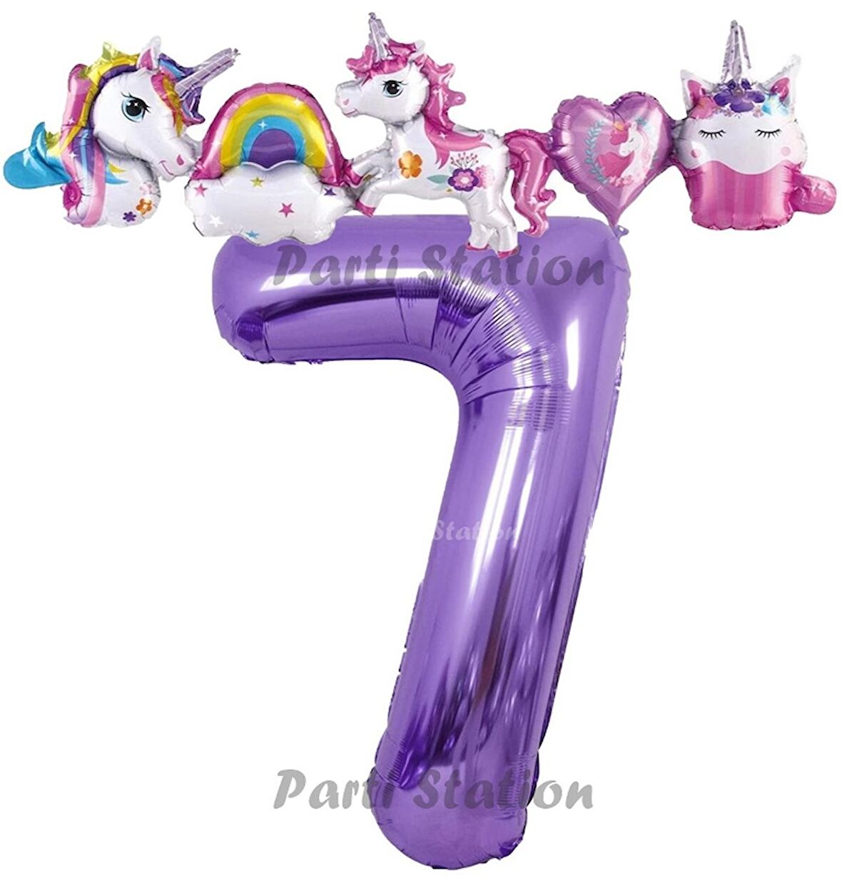 Mor Renk Rakam Balonlu Unicorn 7 Yaş Doğum Günü Parti Balon Set Unicorn Tema Lila Renk Parti Seti