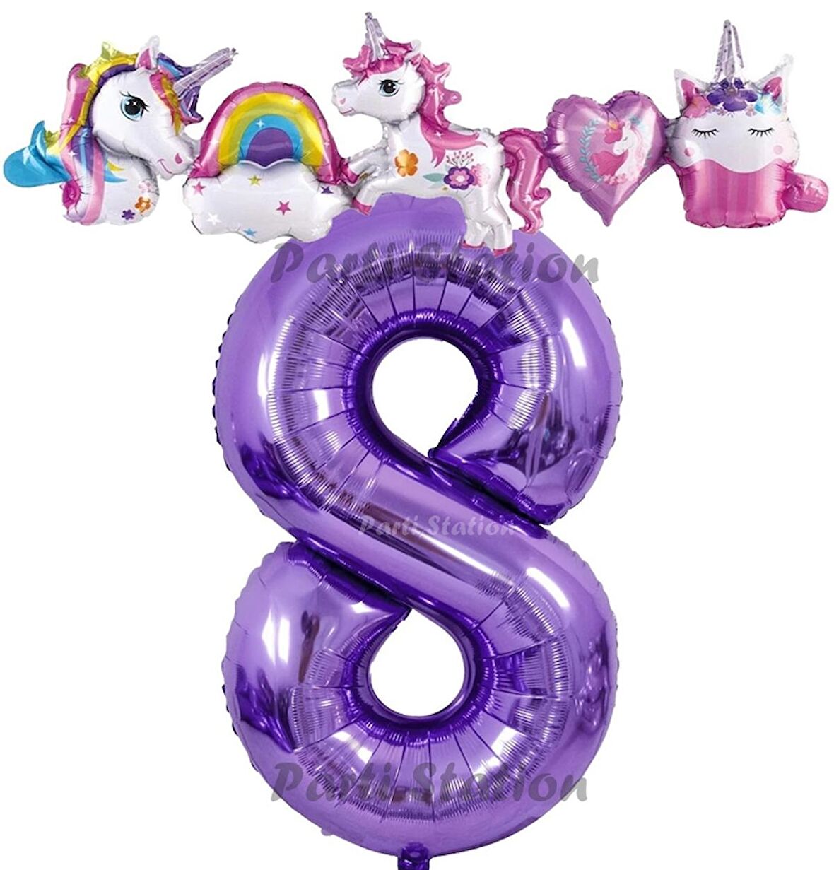 Mor Renk Rakam Balonlu Unicorn 8 Yaş Doğum Günü Parti Balon Set Unicorn Tema Lila Renk Parti Seti