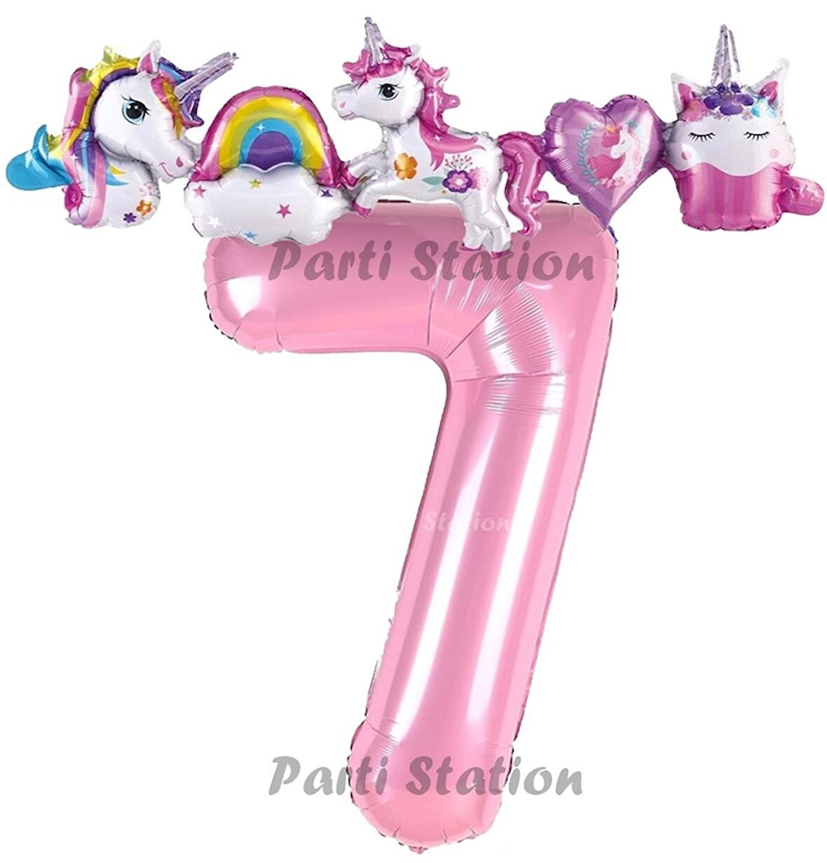 Pembe Renk Rakam Balonlu Unicorn 7 Yaş Doğum Günü Parti Balon Set Pembe Renk Unicorn Tema Parti Seti