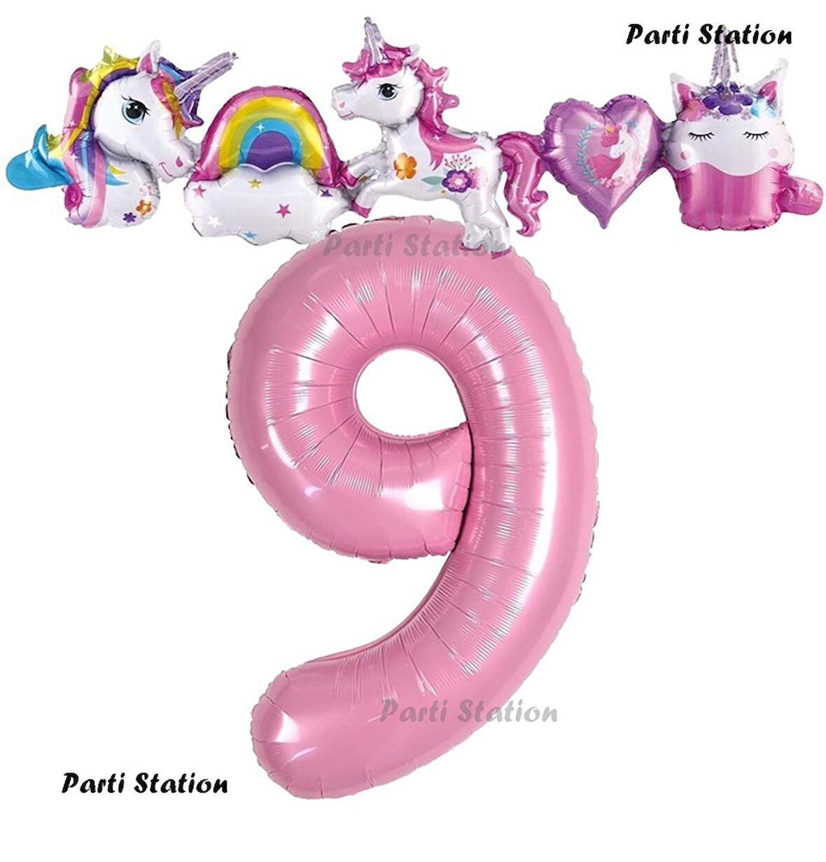 Pembe Renk Rakam Balonlu Unicorn 9 Yaş Doğum Günü Parti Balon Set Pembe Renk Unicorn Tema Parti Seti