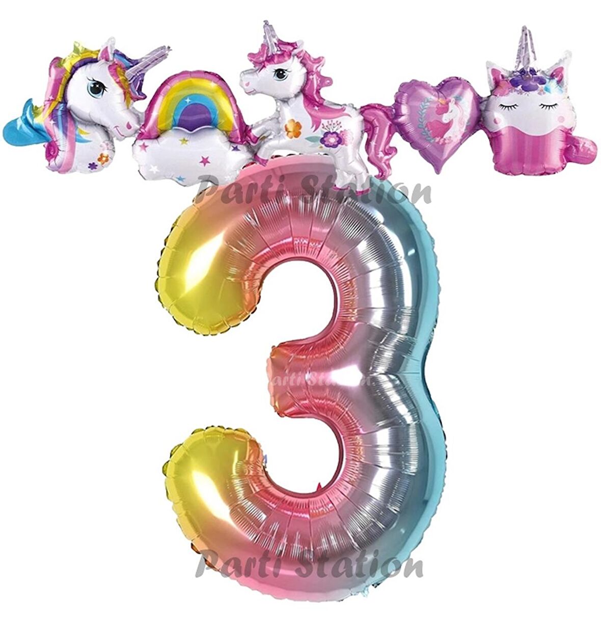 Renkli Gökkuşağı Renk Rakam Balonlu Unicorn 3 Yaş Doğum Günü Parti Balon Set Unicorn Tema Parti Seti