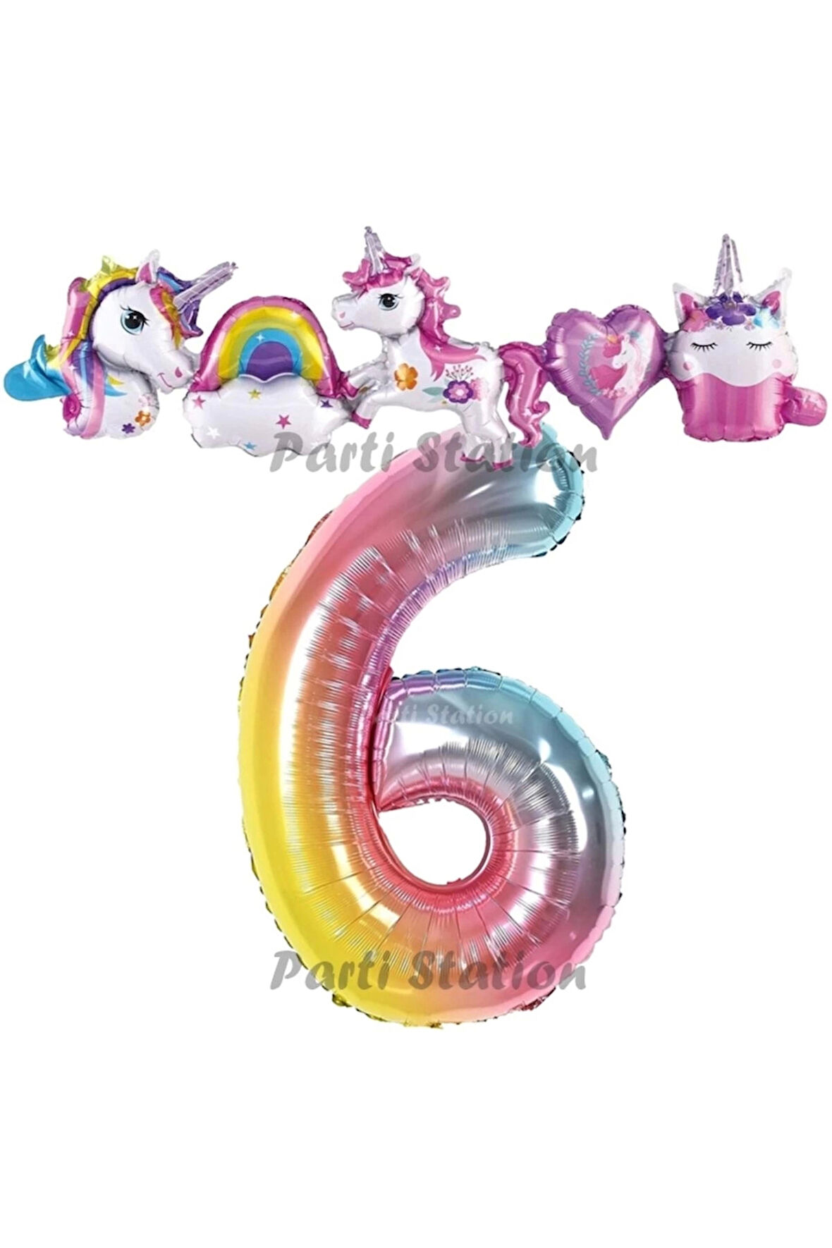 Renkli Gökkuşağı Renk Rakam Balonlu Unicorn 5 Yaş Doğum Günü Parti Balon Set Unicorn Tema Parti Seti