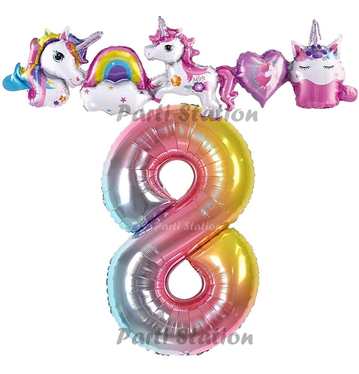 Renkli Gökkuşağı Renk Rakam Balonlu Unicorn 8 Yaş Doğum Günü Parti Balon Set Unicorn Tema Parti Seti