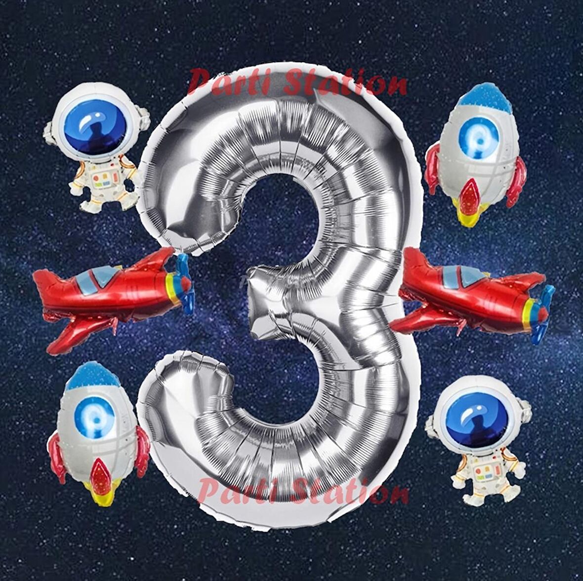 Gümüş Renk Rakam Balon Uzay Konsept 3 Yaş Doğum Günü Balon Set Galaksi Astronot Space Roket Balon