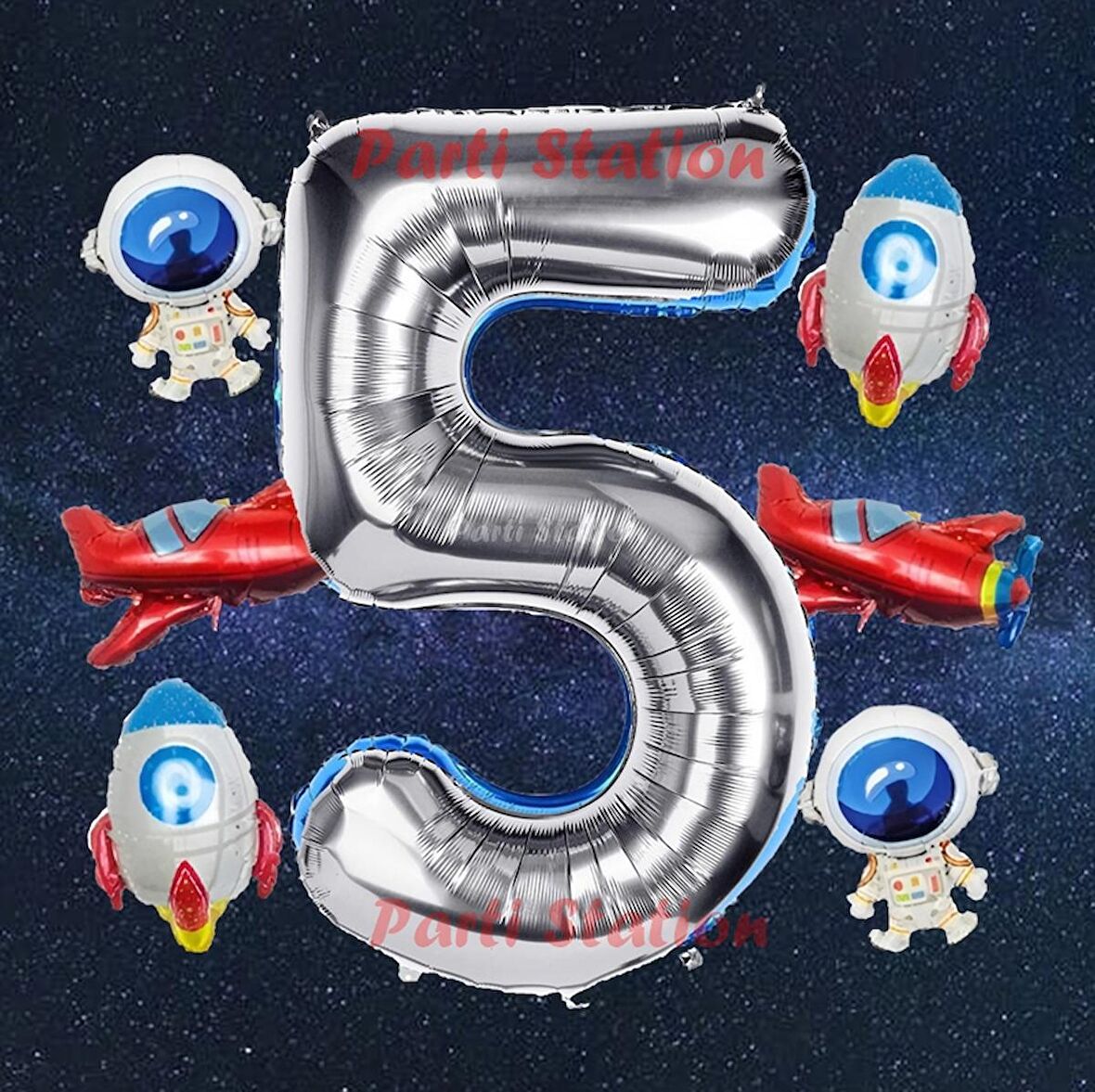 Gümüş Renk Rakam Balon Uzay Konsept 5 Yaş Doğum Günü Balon Set Galaksi Astronot Space Roket Balon