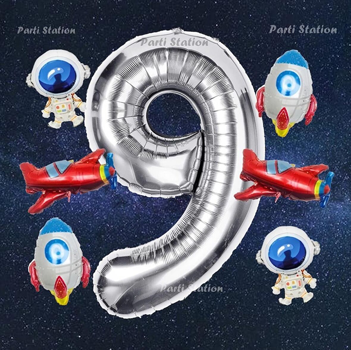 Gümüş Renk Rakam Balon Uzay Konsept 9 Yaş Doğum Günü Balon Set Galaksi Astronot Space Roket Balon