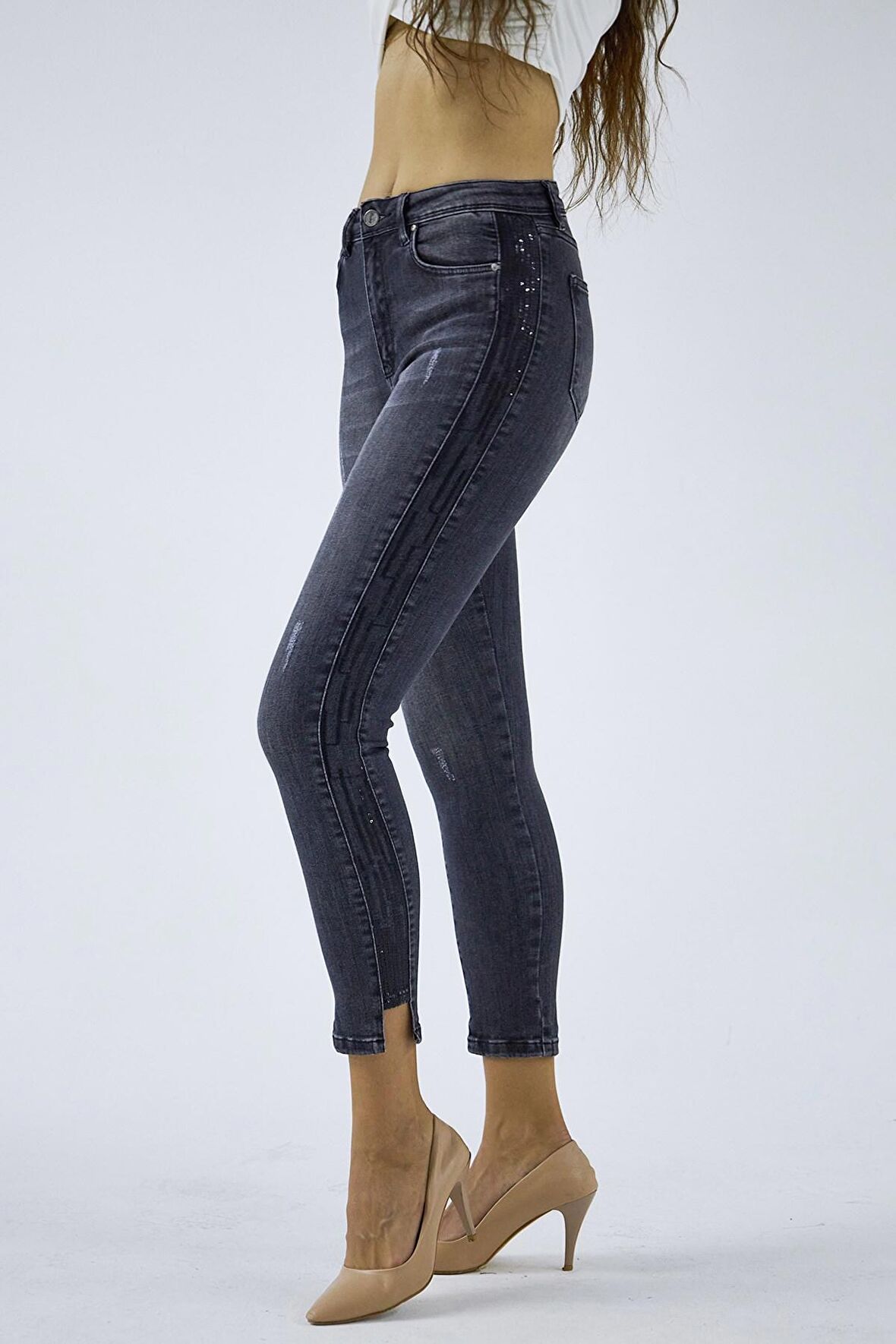 Kadın Yüksek Bel Likralı Yanları Akan Pullu Payetli Dar Kesim Slim Fit Kot Pantolon