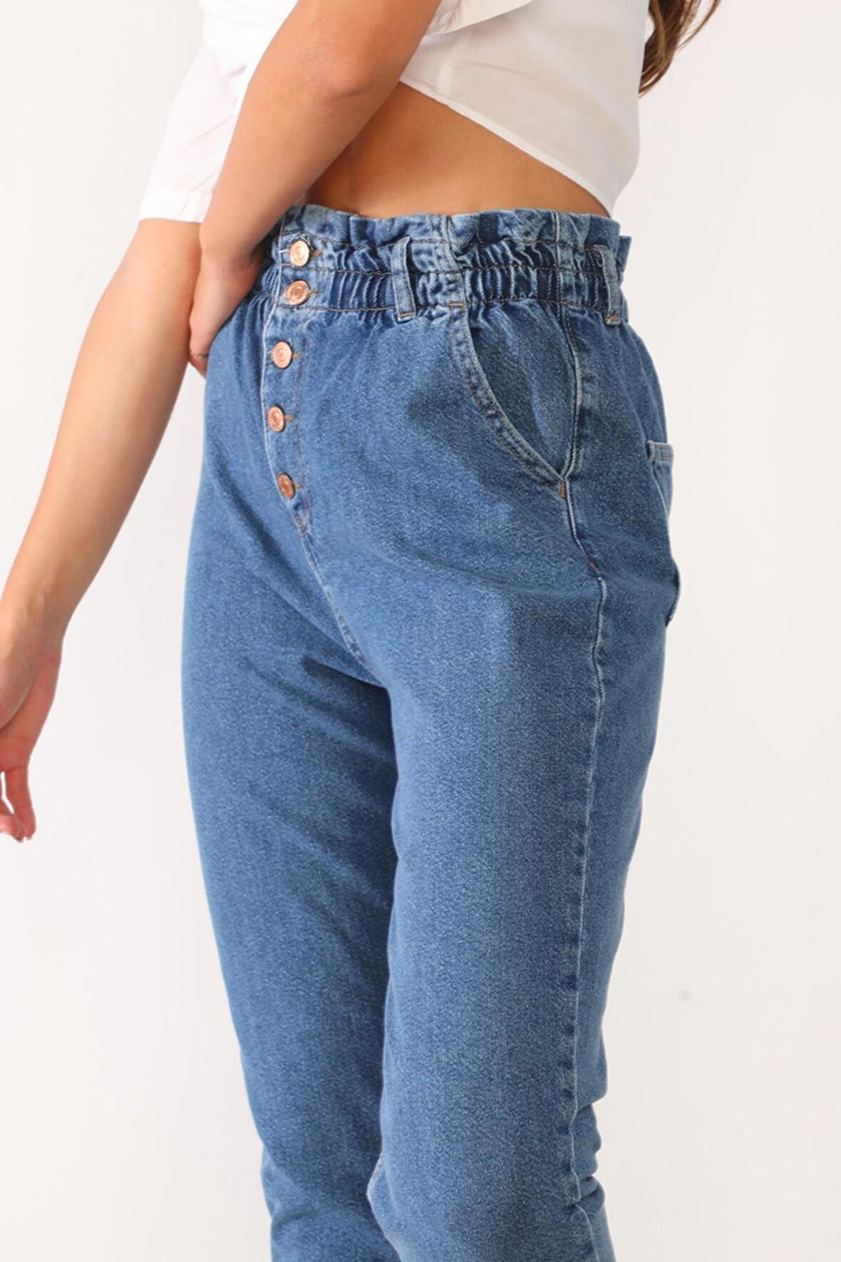 Kadın Yüksek Bel Düğmeli Beli Lastikli Kot Pantolon