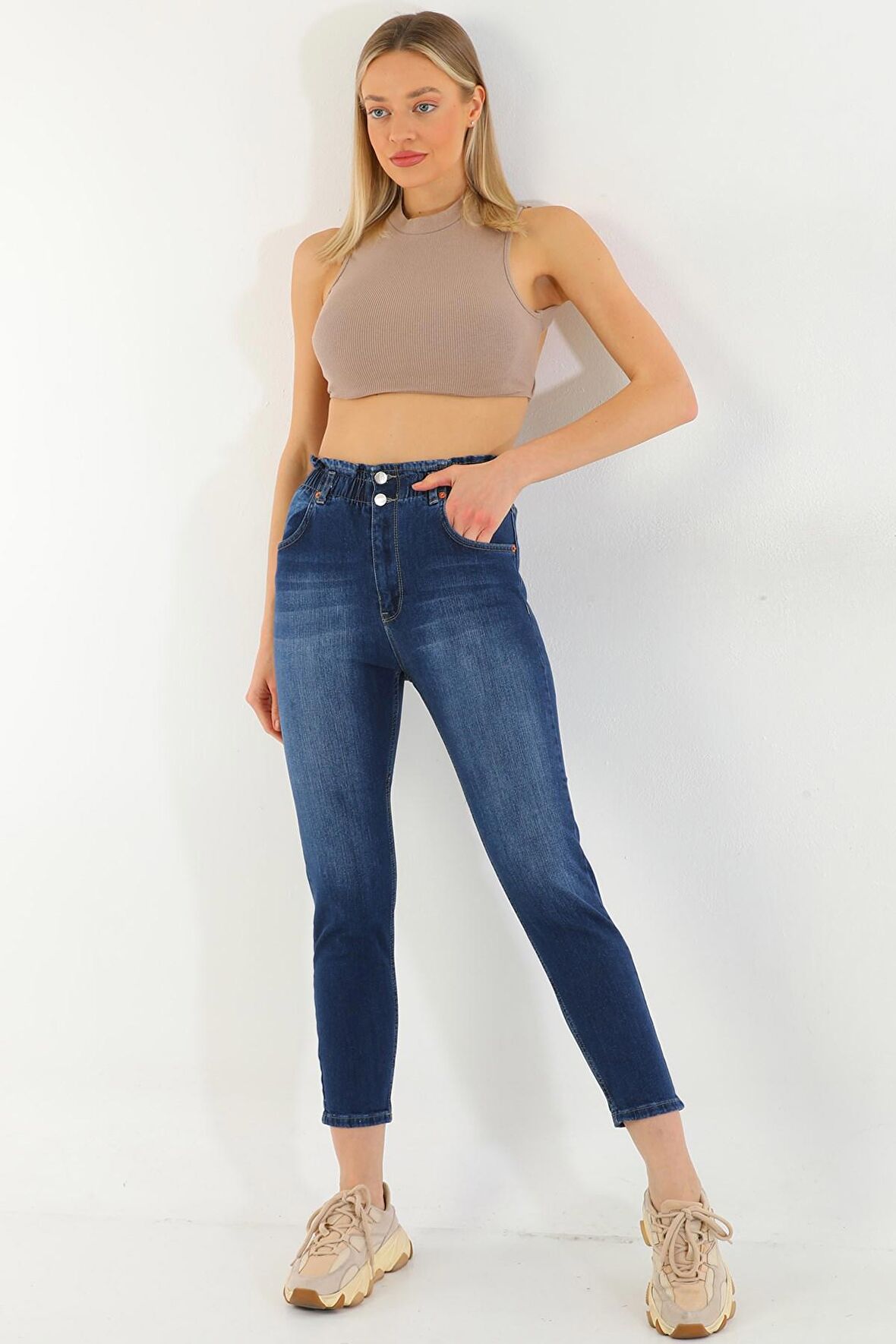 Kadın Beli Lastikli Yüksek Bel Likralı Çift Düğmeli Kot Pantolon