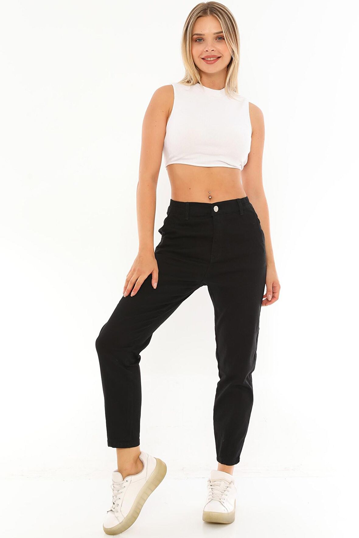 Kadın Yüksek Bel Beli Lastikli Paçası Dikişli Rahat Kot Pantolon