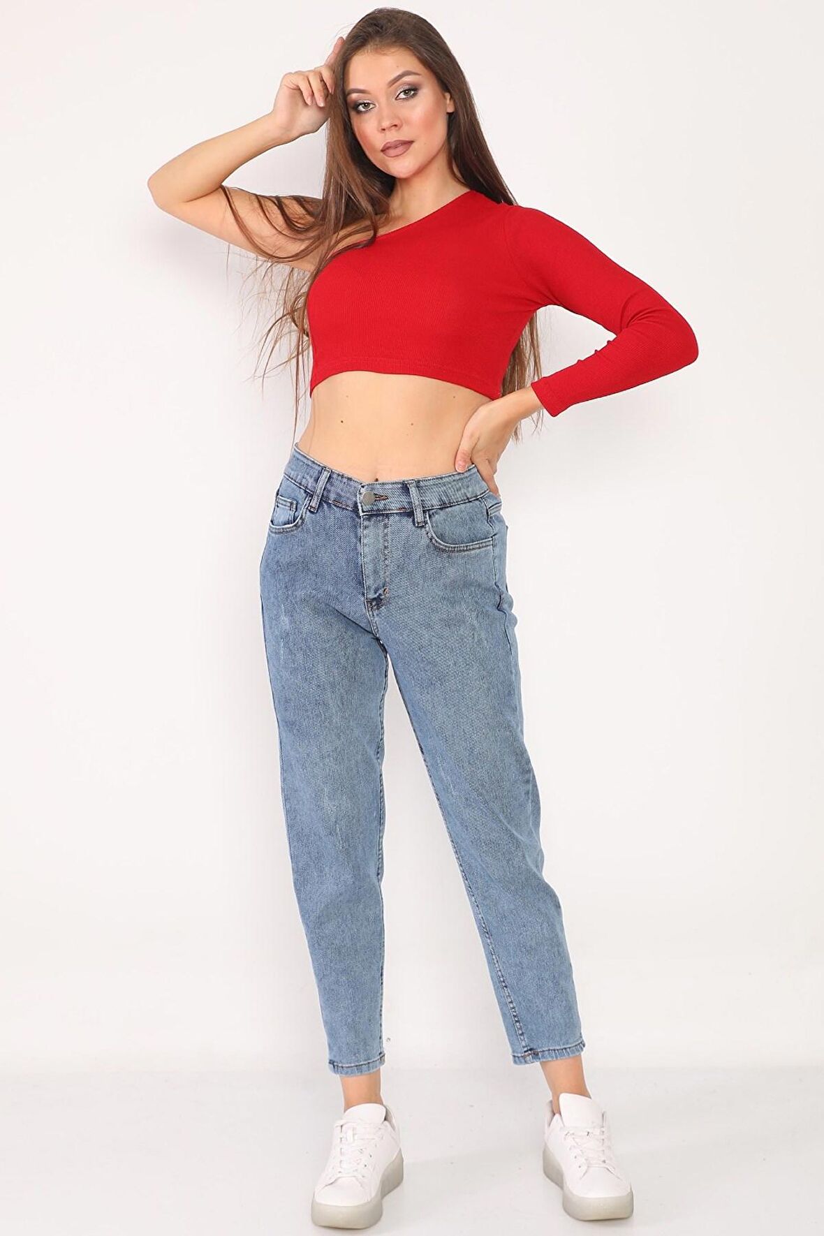 Kadın Yüksek Bel Full Likralı Mom Jeans Kot Pantolon