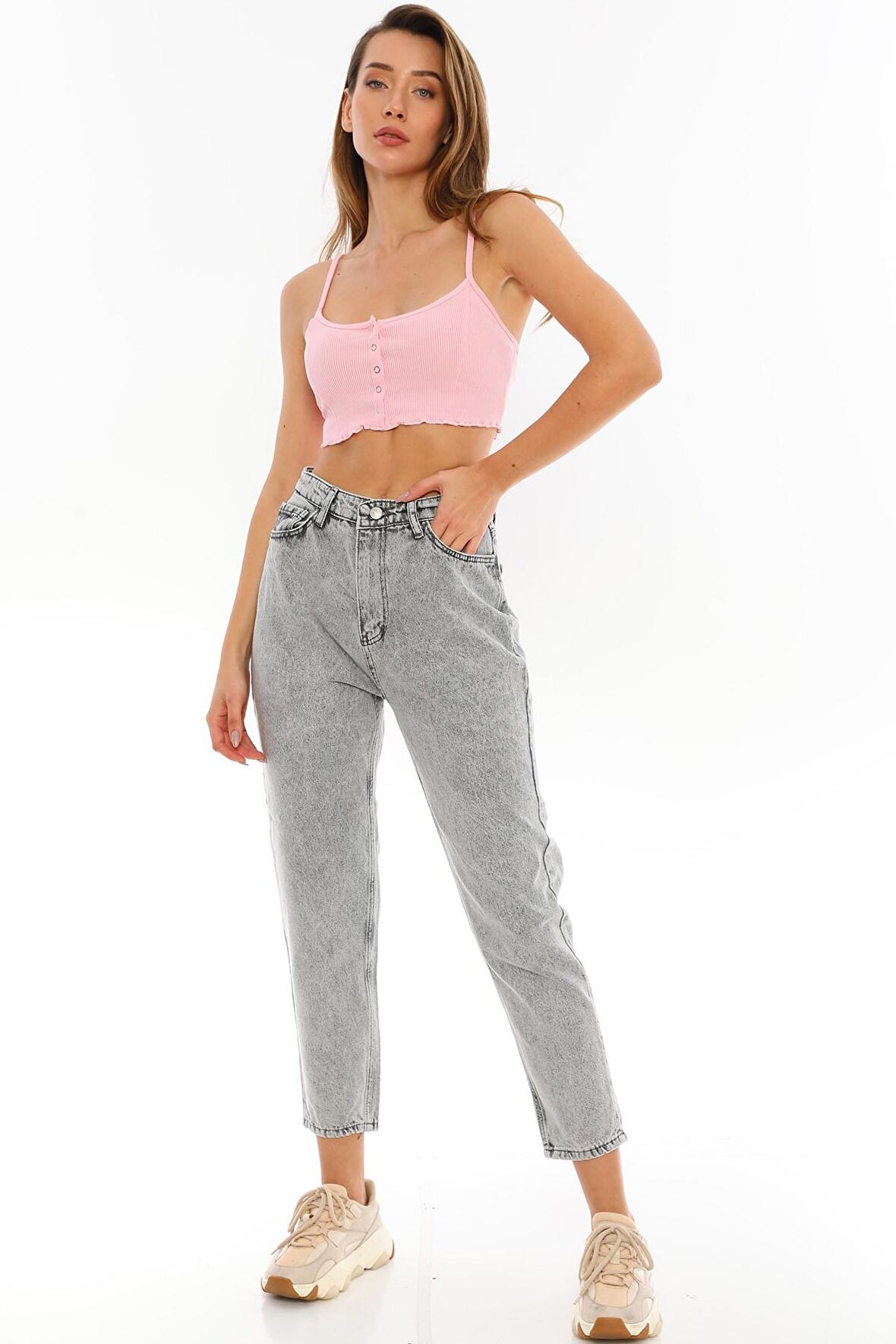 Kadın Yüksek Bel Mom Jeans Kar Yıkama Kot Pantolon