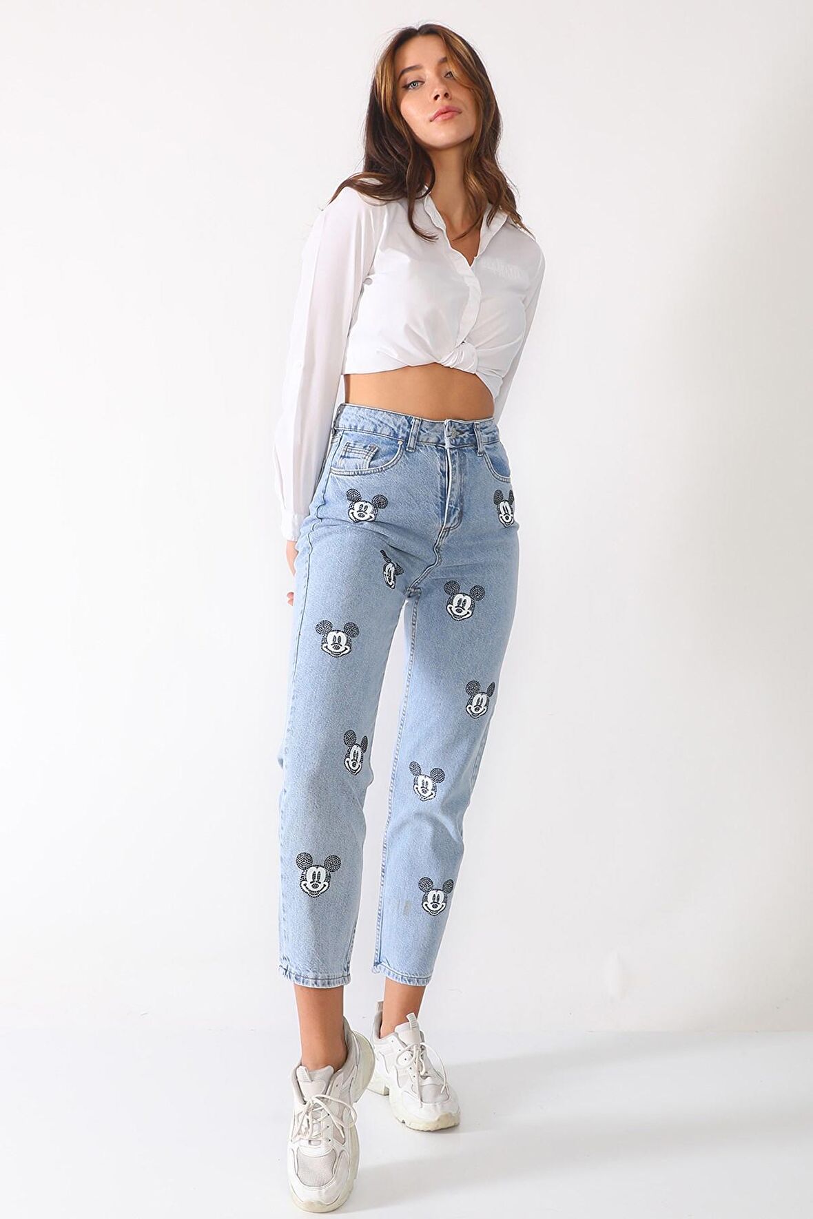 Kadın Yüksek Bel Taş Baskılı Boyfriend Kot Pantolon
