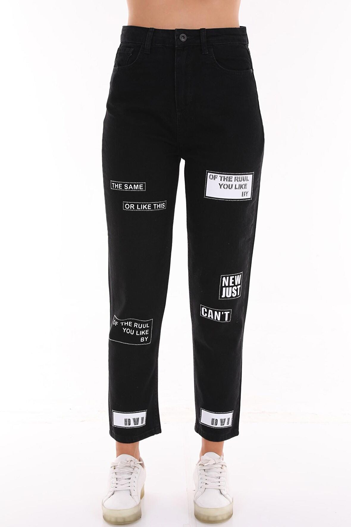 Kadın Yüksek Bel Baskılı Parlak Taşlı Mom Jeans Kot Pantolon