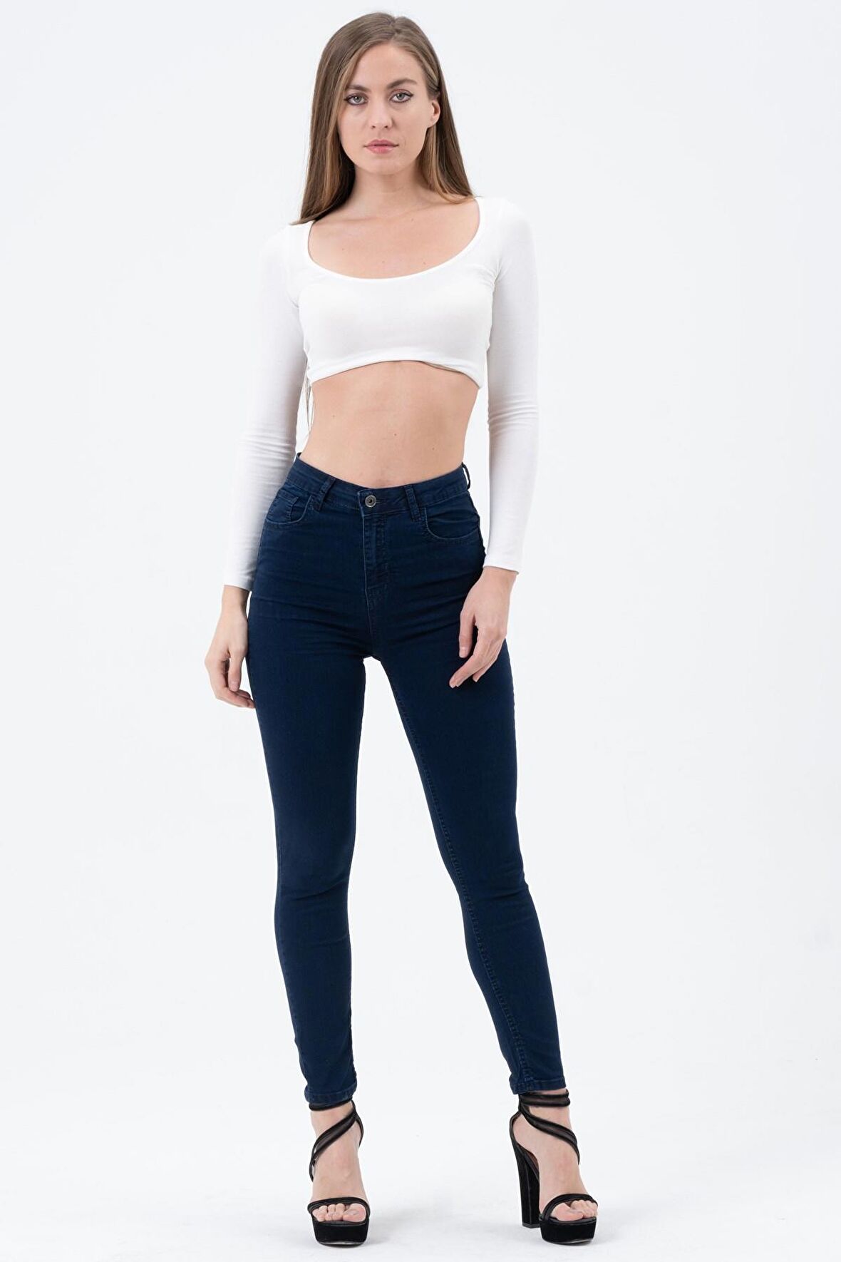 Kadın Lacivert Yüksek Bel Likralı Dar Kesim Slim Fit Kot Pantolon