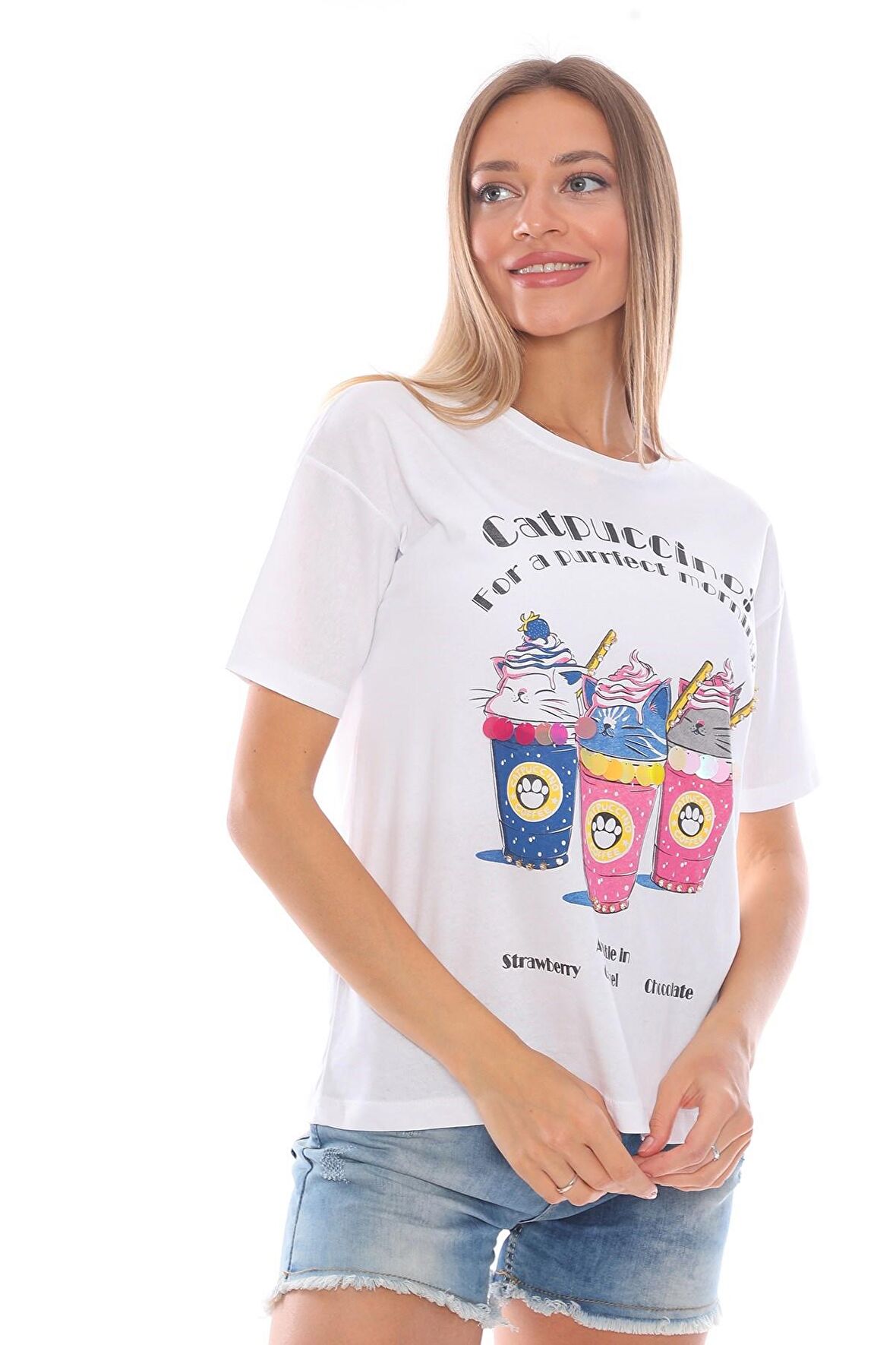 Kadın Cappuccino Baskılı Cotton T-Shirt, Pamuklu Tişört