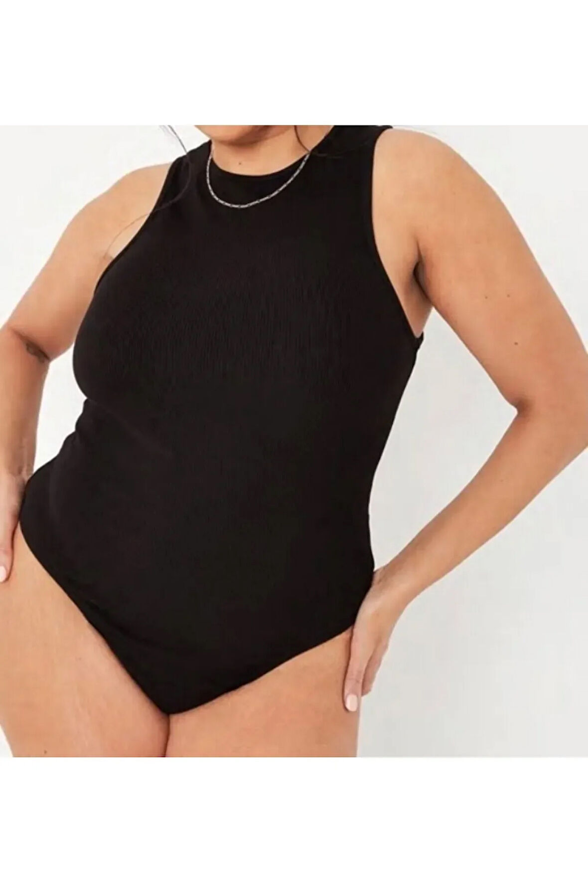 Büyük Beden Halter Yaka Esnek Çıtçıtlı Örme Body