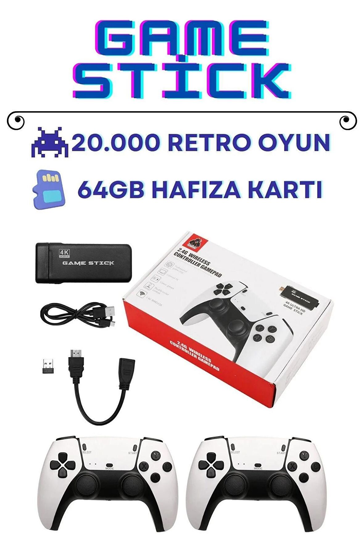 4k Android TV Wifi Kablosuz Çift Kol Retro Oyunlar Game Stick 64gb Hafıza 10000 Oyun Atari