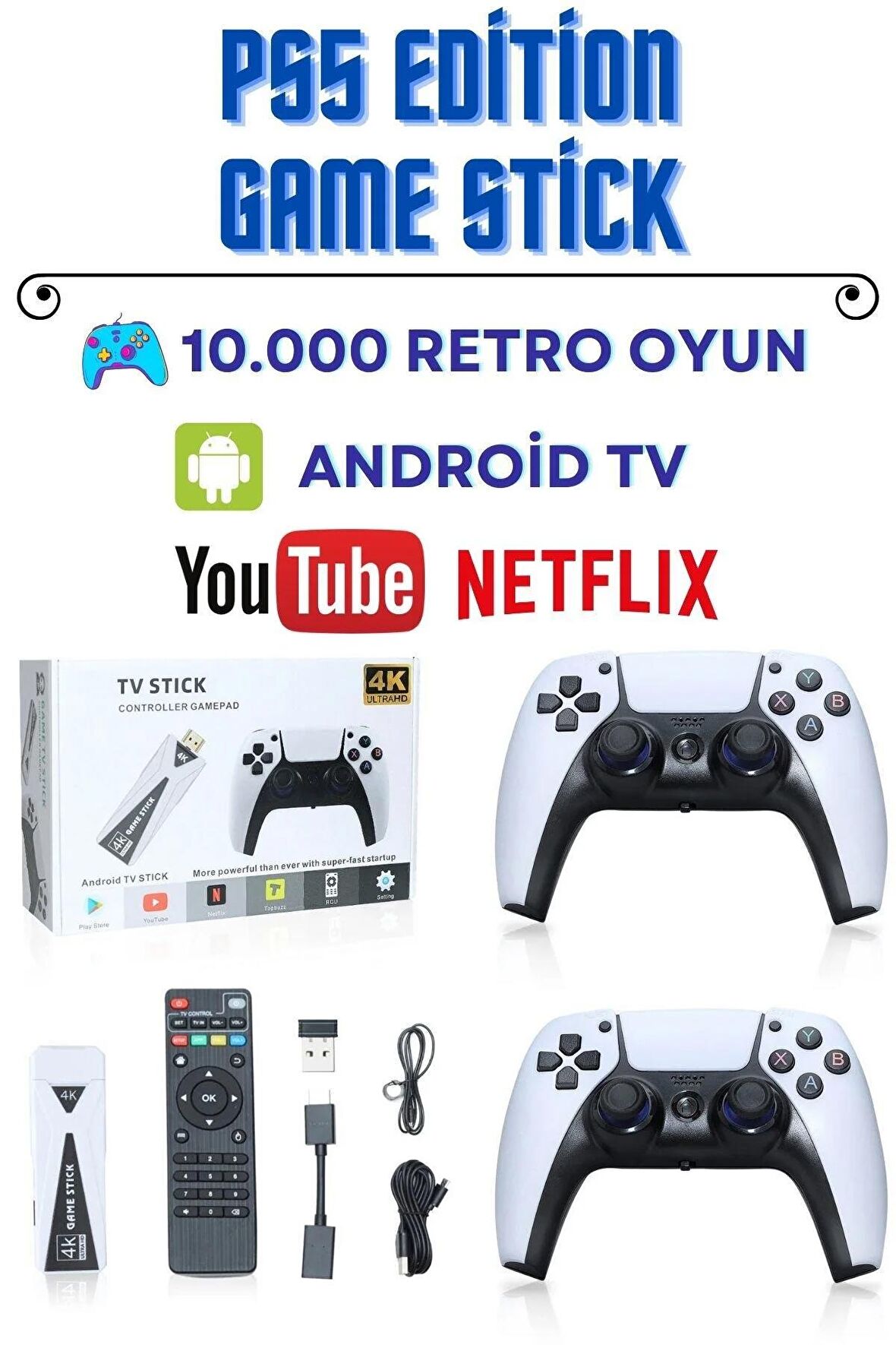 4K Kablosuz Çift Kol Retro Oyunlar Game Stick 64 GB Hafıza 20000 Oyun Atari