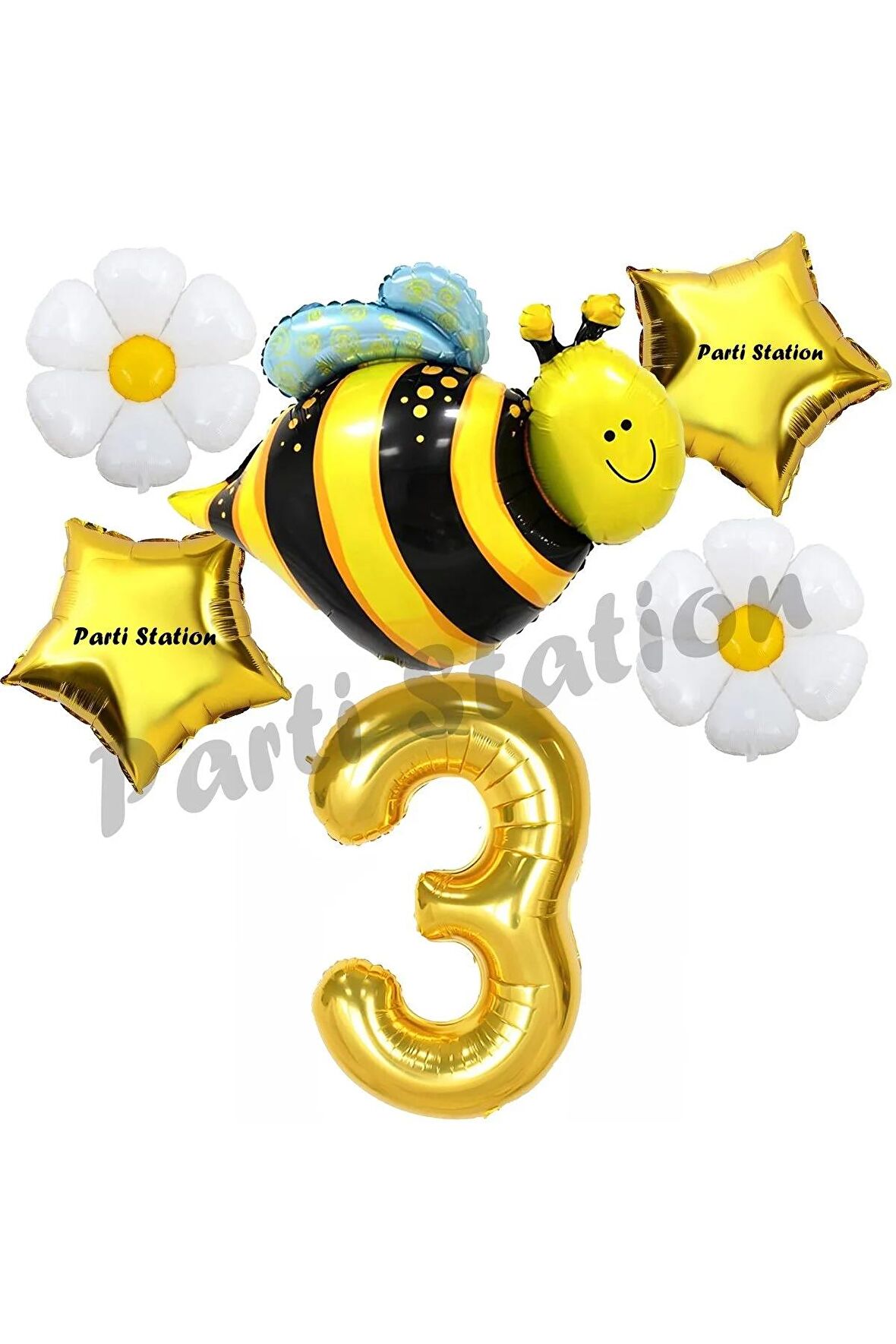 Bee Arı ve Papatya Konsept 3 Yaş Balon Set Arı Balon ve Gold Rakam Balon Doğum Günü Balon Set