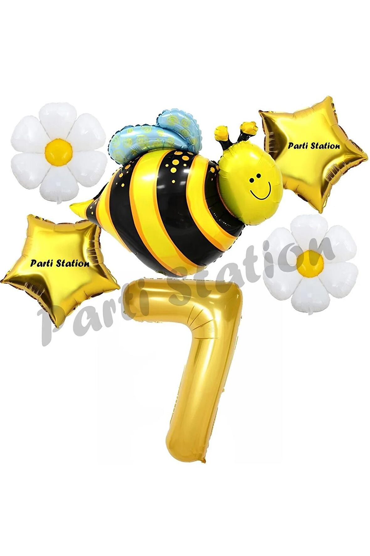 Bee Arı ve Papatya Konsept 7 Yaş Balon Set Arı Balon ve Gold Rakam Balon Doğum Günü Balon Set