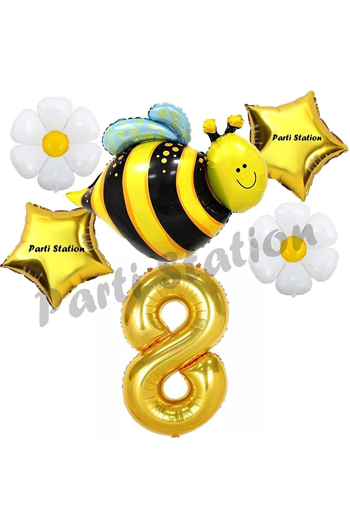 Bee Arı ve Papatya Konsept 8 Yaş Balon Set Arı Balon ve Gold Rakam Balon Doğum Günü Balon Set