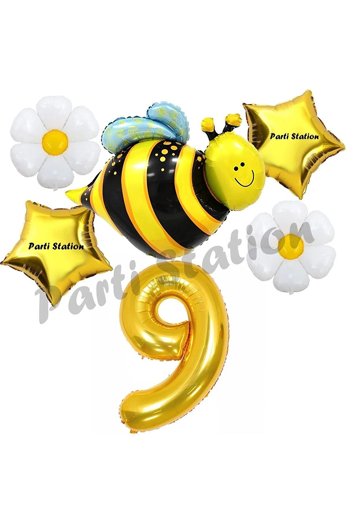 Bee Arı ve Papatya Konsept 9 Yaş Balon Set Arı Balon ve Gold Rakam Balon Doğum Günü Balon Set