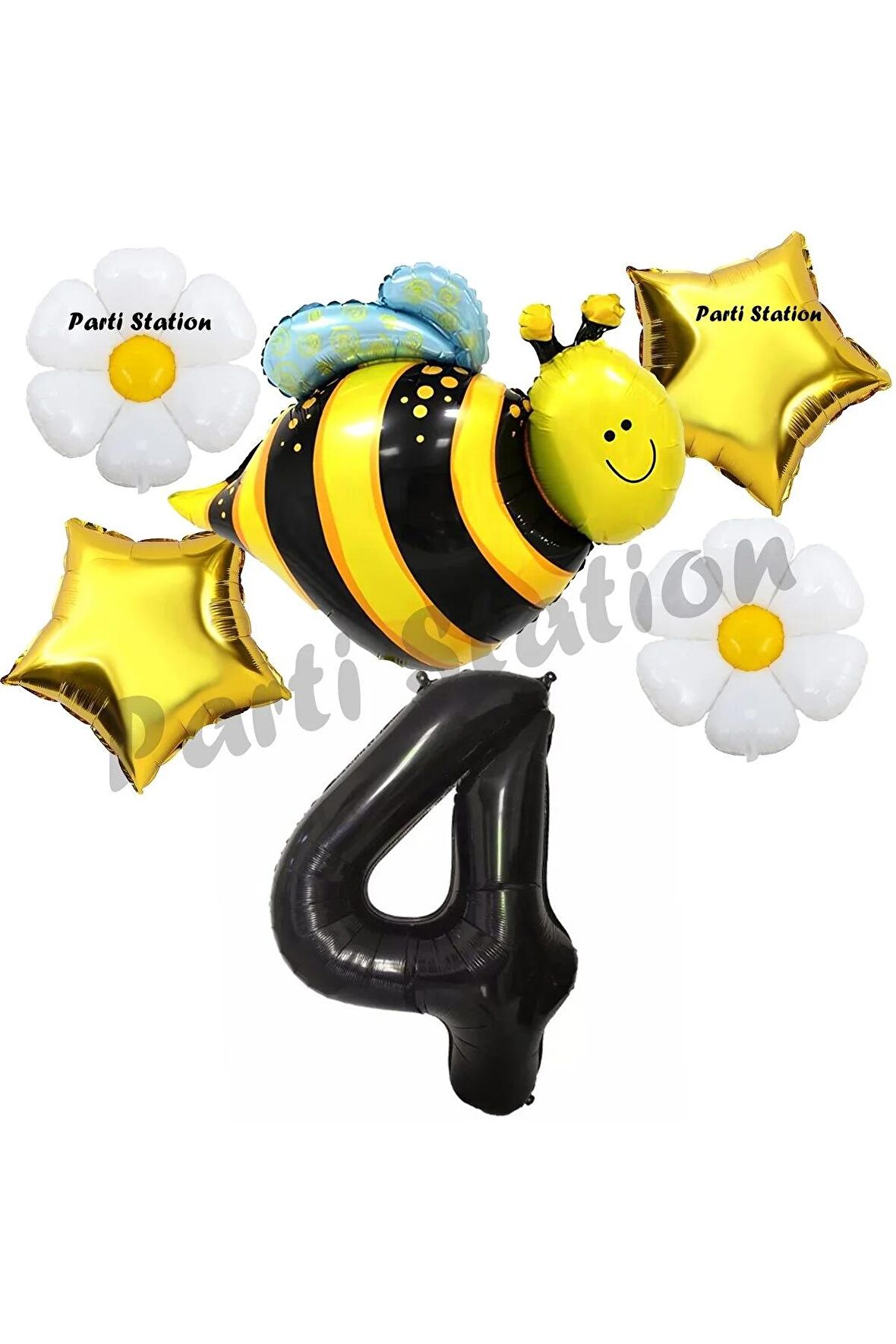 Bee Arı ve Papatya Konsept 4 Yaş Balon Set Arı Balon ve Siyah Rakam Balon Doğum Günü Balon Set