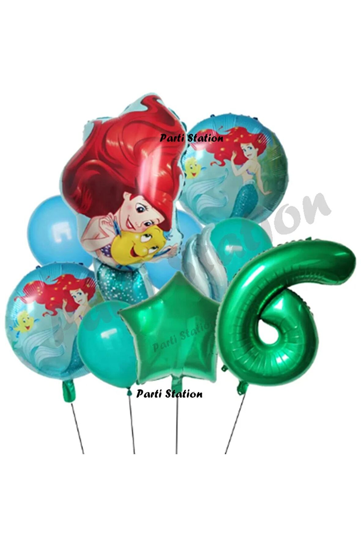 Deniz Kızı Ariel 6 Yaş Yeşil Renk Balon Set Little Mermaid Balloon Deniz Kızı Ariel Doğum Günü Set