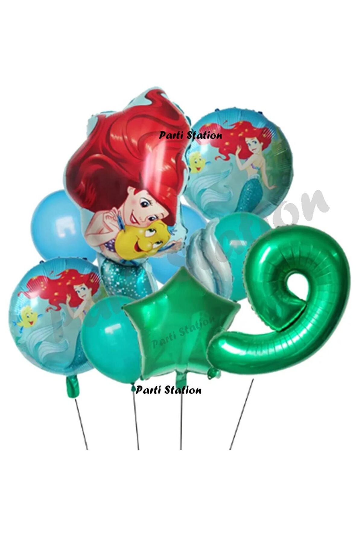 Deniz Kızı Ariel 9 Yaş Yeşil Renk Balon Set Little Mermaid Balloon Deniz Kızı Ariel Doğum Günü Set