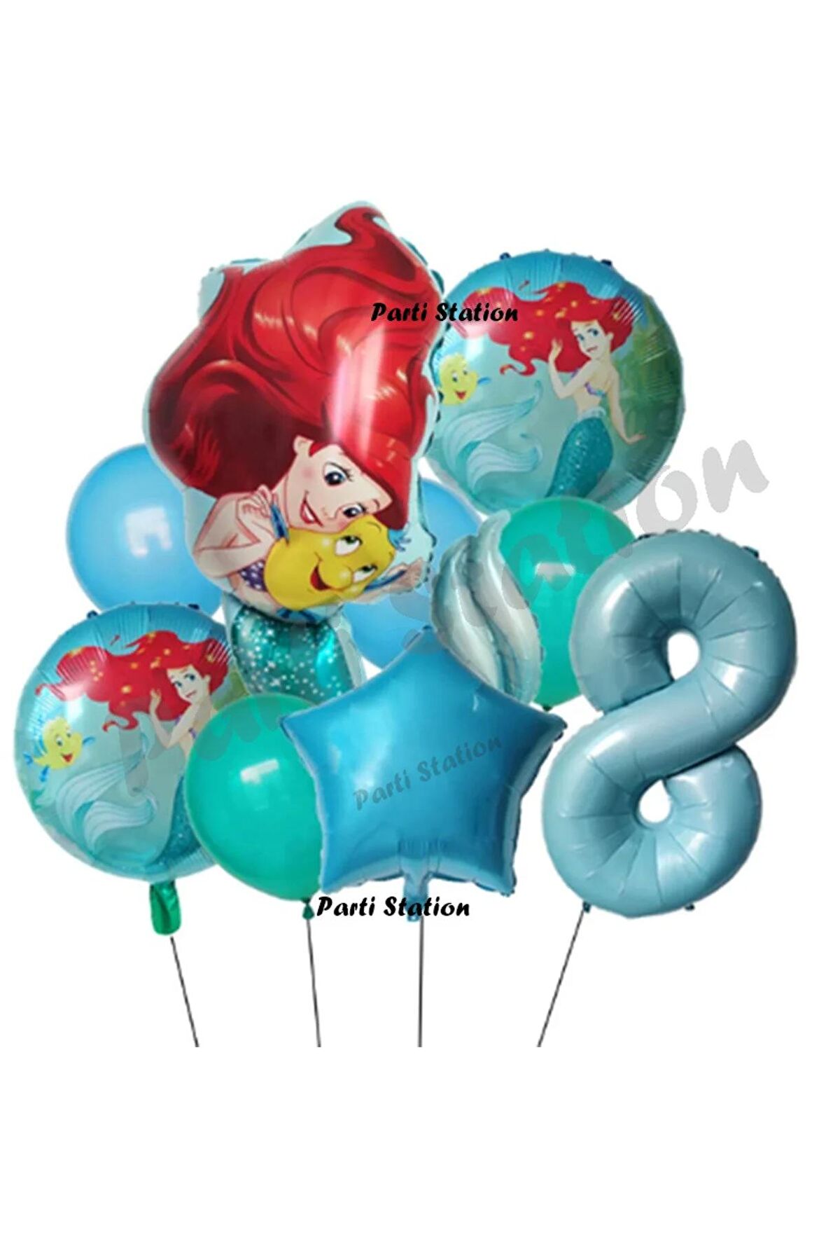 Deniz Kızı Ariel 8 Yaş Mavi Renk Balon Set Little Mermaid Balloon Deniz Kızı Ariel Doğum Günü Seti