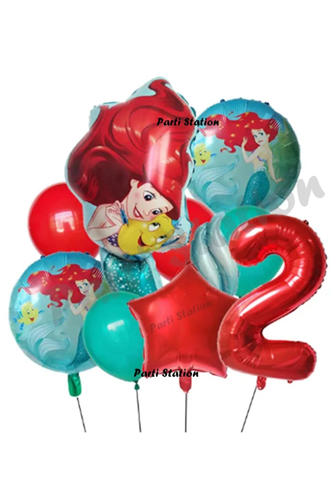 Deniz Kızı 2 Yaş Kırmızı Renk Balon Set Deniz Kızı Doğum Günü Set