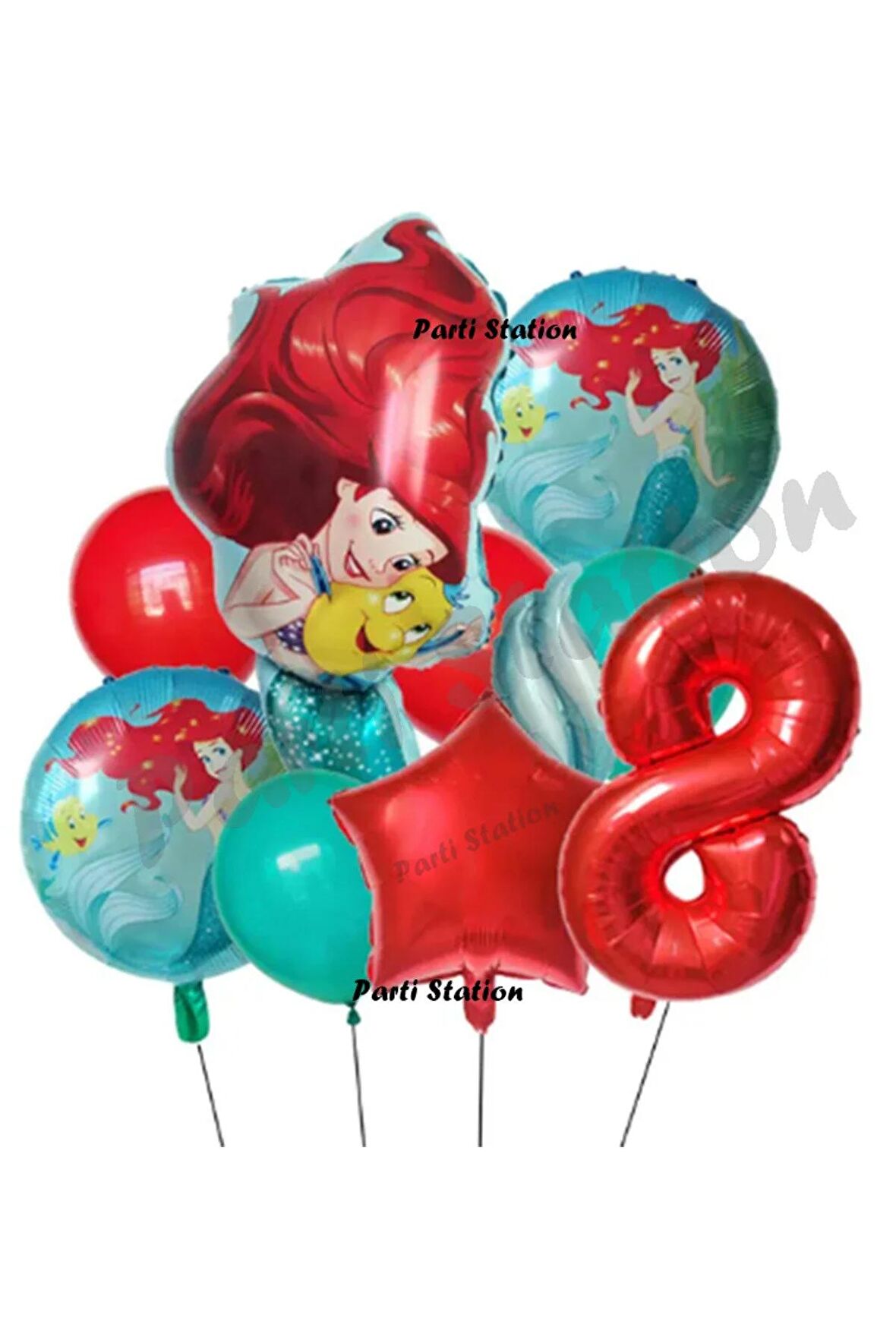 Deniz Kızı Ariel 8 Yaş Kırmızı Renk Balon Set Little Mermaid Balloon Deniz Kızı Ariel Doğum Günü Set