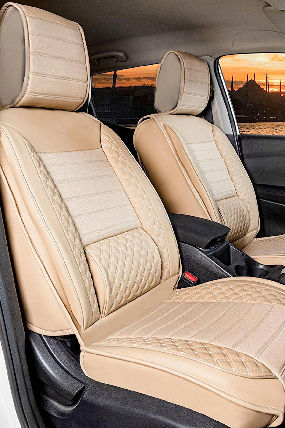 Geely Familia Uyumlu Lüx Deri Oto Koltuk Kılıfı Ön Arka Takım Saturn BEJ