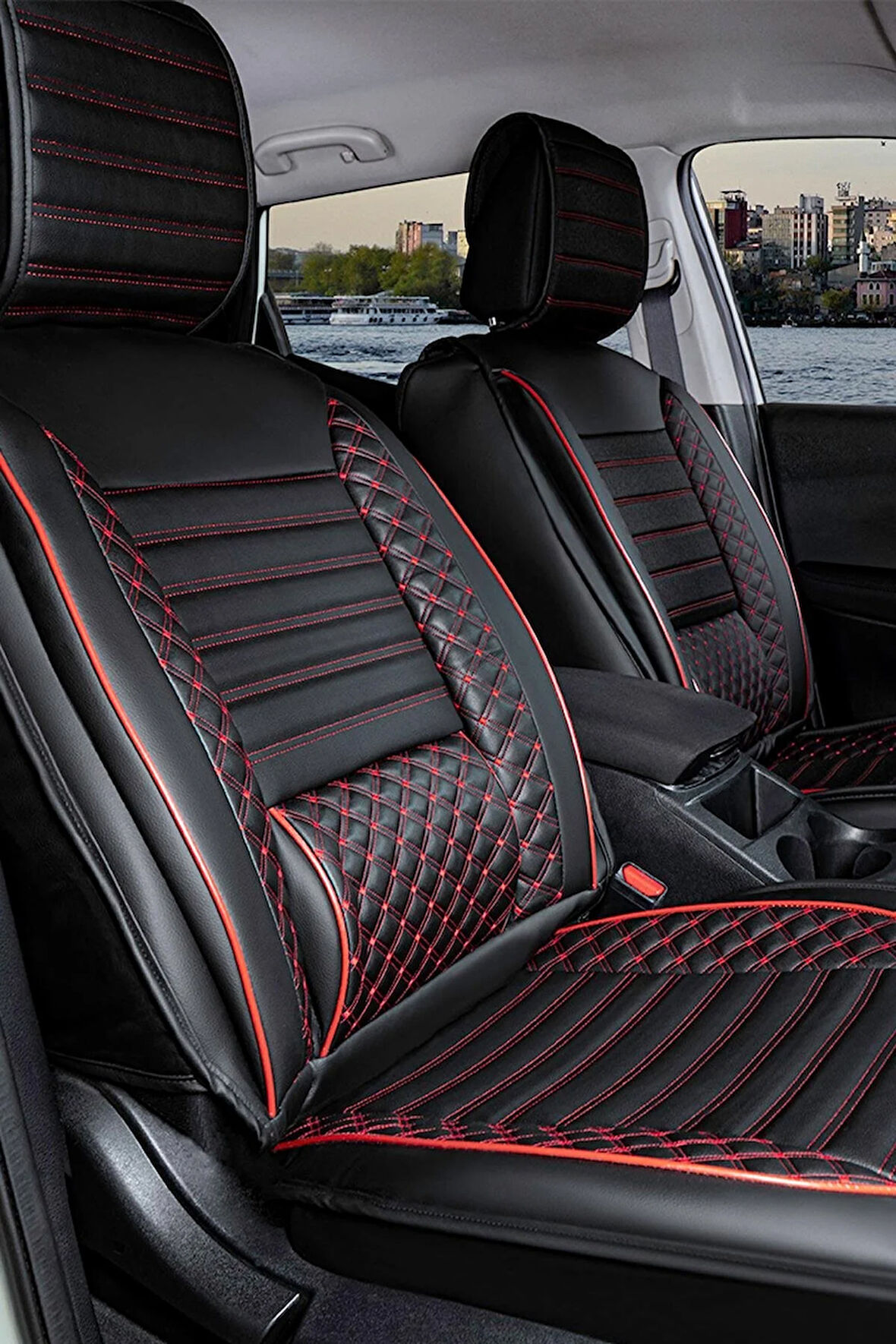Volkswagen Passat B8 Business Uyumlu Lüx Deri Oto Koltuk Kılıfı Ön Arka Takım Saturn SİYAH KIRMIZI