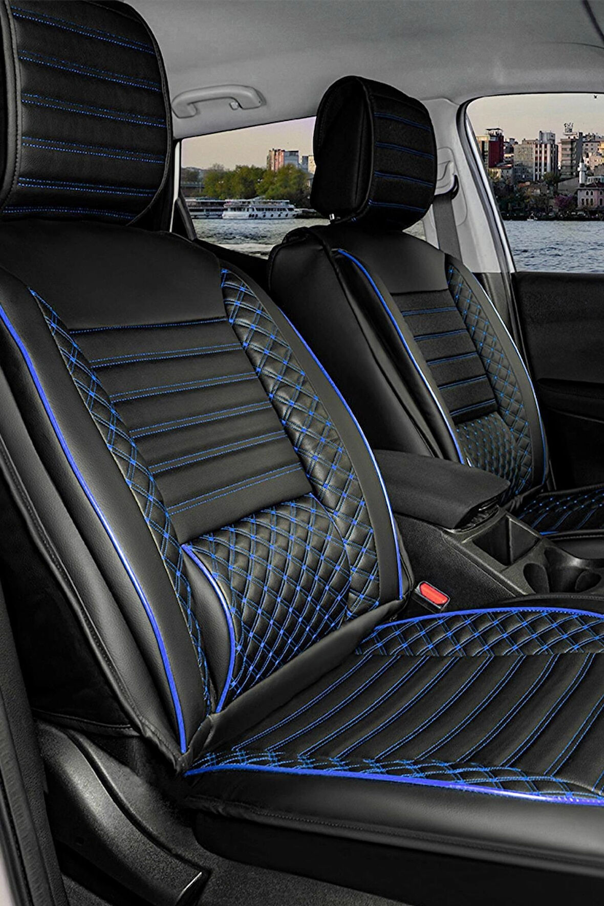 Seat Leon SC Style Uyumlu Lüx Deri Oto Koltuk Kılıfı Ön Arka Takım Saturn SİYAH MAVİ