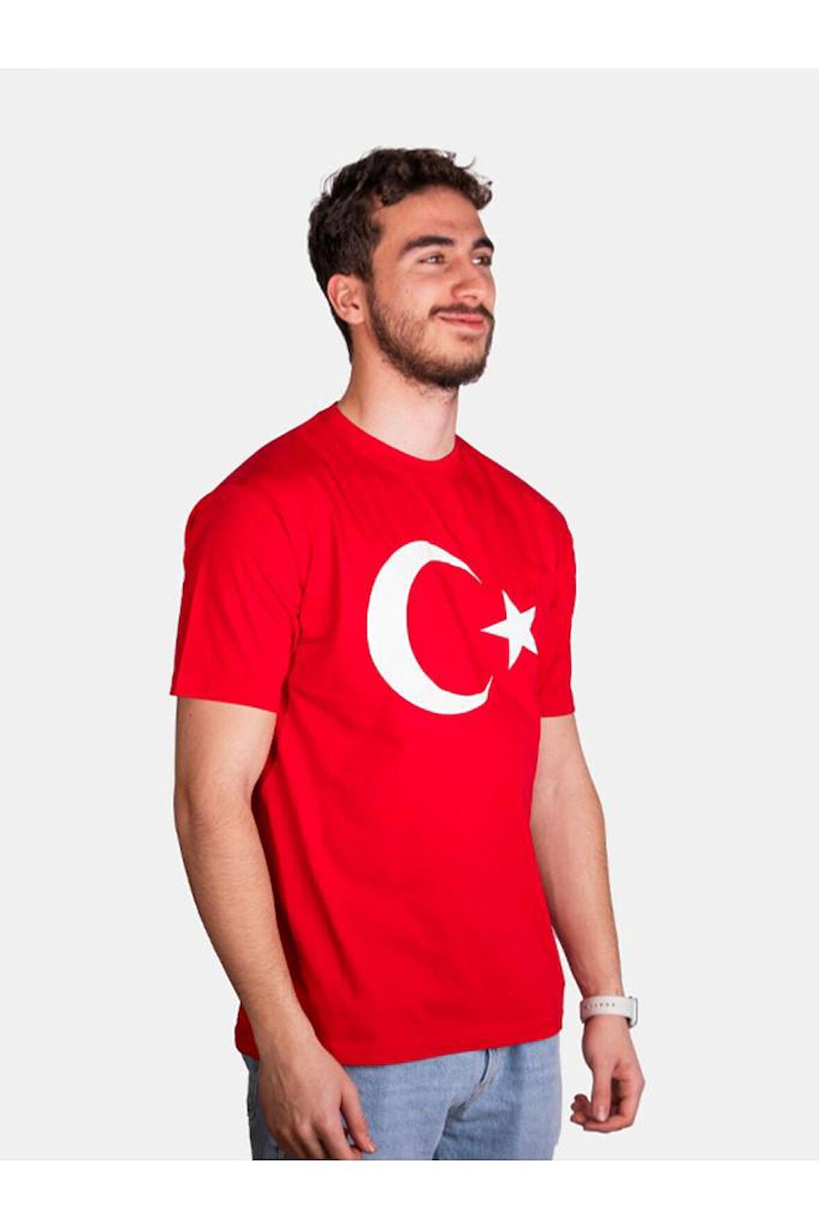 Unisex Standart Kesim Sıfır Yaka Kısa Kollu Beyaz Türk Bayrağı Baskılı Tişört