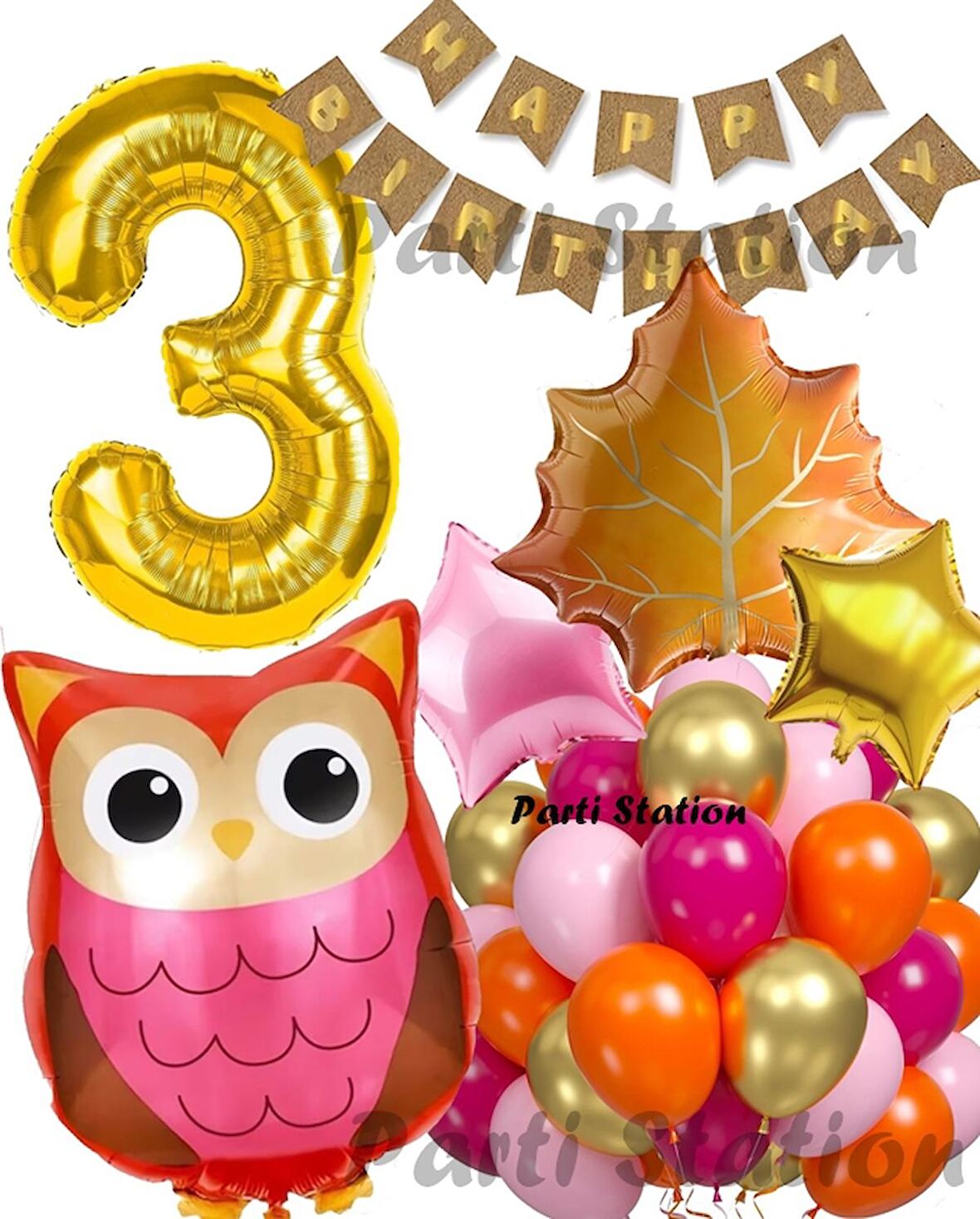 Orman Woodland Baykuş Konsept Doğum Günü 3 Yaş Balon Set Baykuş Tema Folyo Balon Set