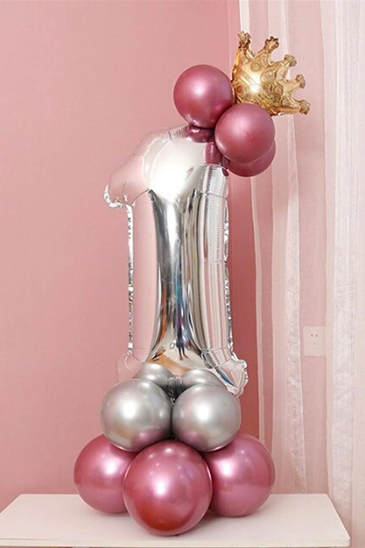 1 Yaş Krom Pembe Gümüş Renkler Altın Taçlı Balon Seti