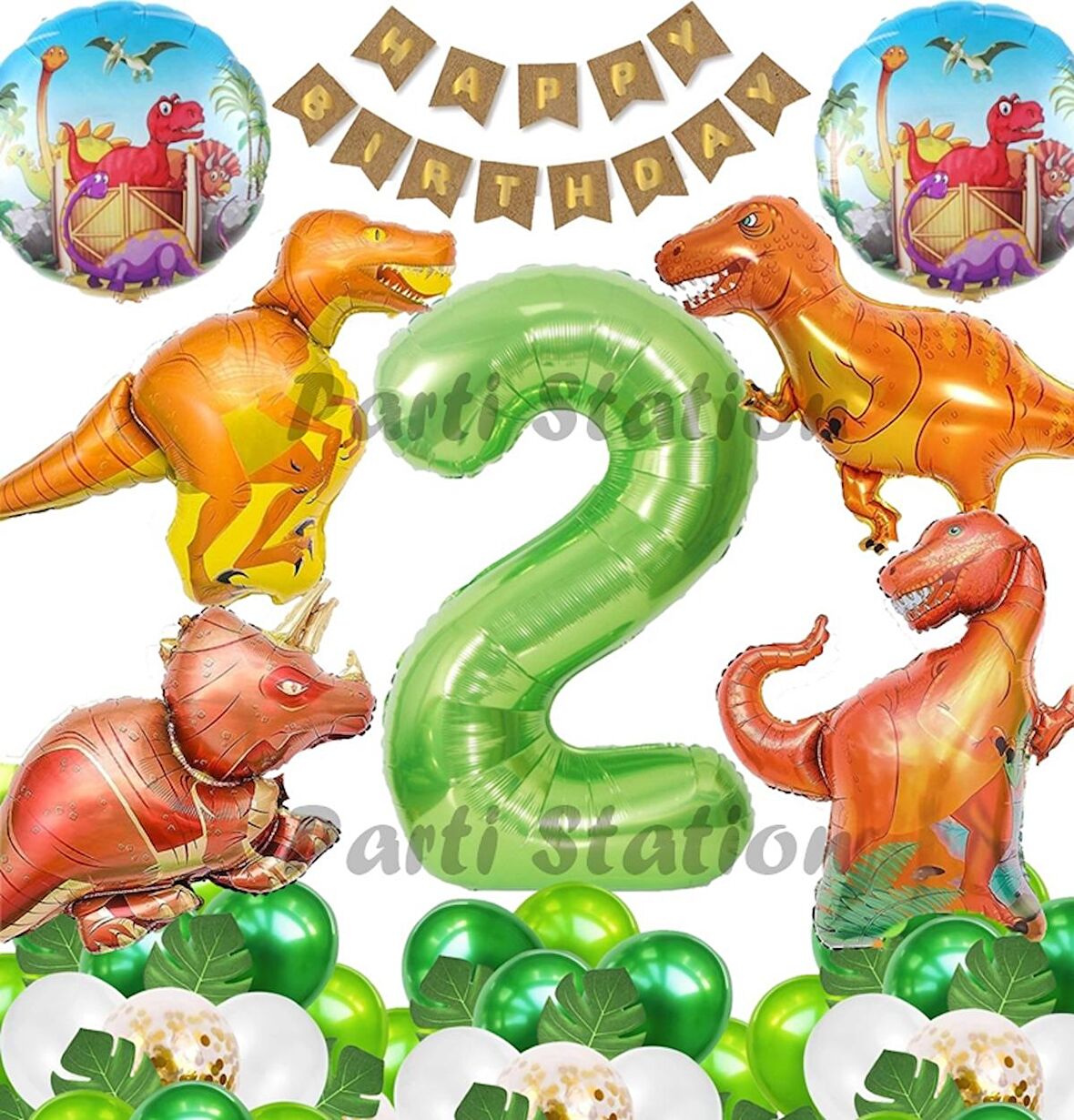 Orman Tema Jurassic Park Dinozor Konsept Yeşil Rakam Balon 2 Yaş Dev Balonlu Doğum Günü Balon Set