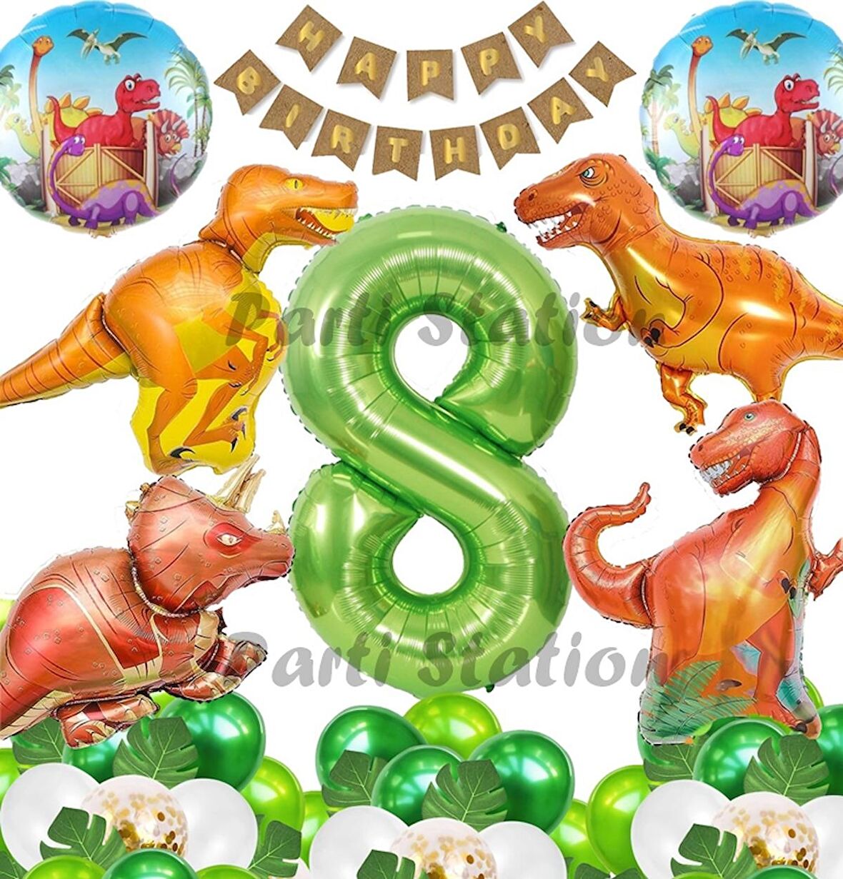 Orman Tema Jurassic Park Dinozor Konsept Yeşil Rakam Balon 8 Yaş Dev Balonlu Doğum Günü Balon Set