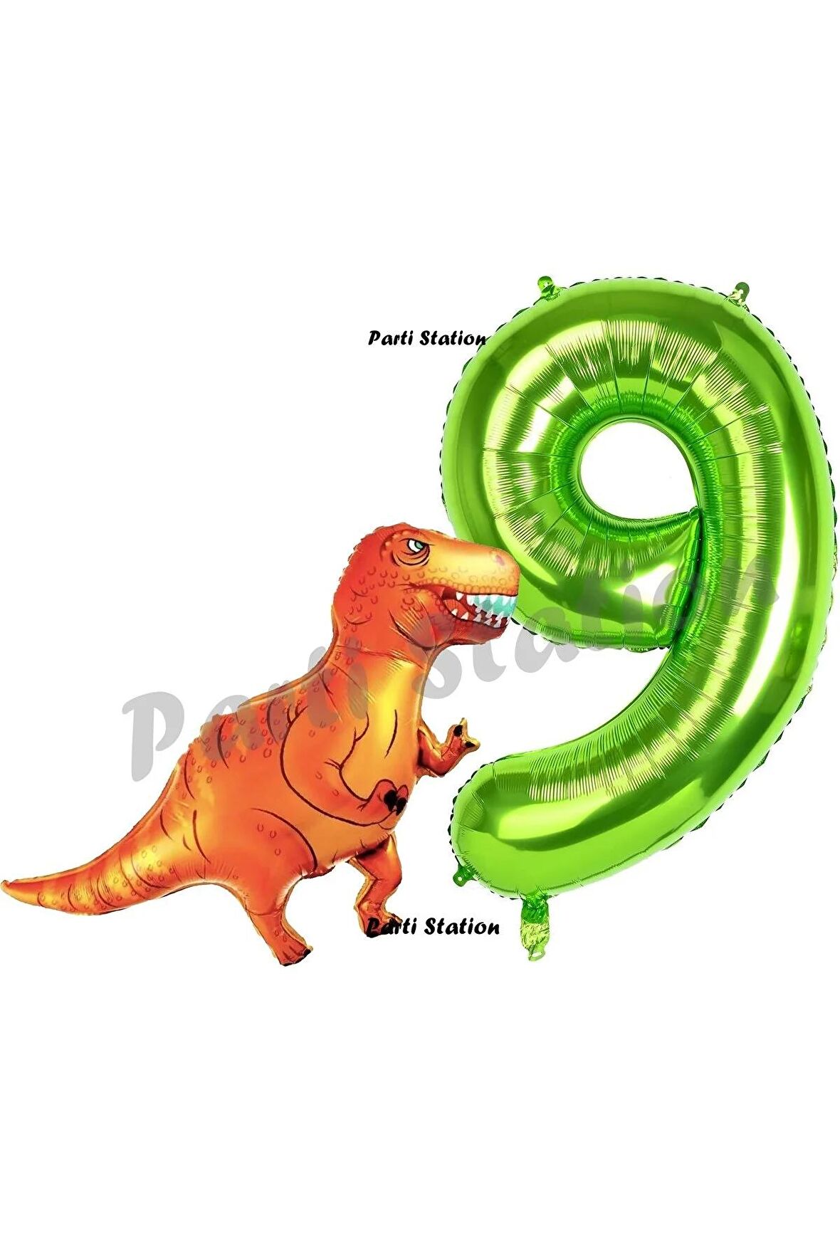 Dinozor Konsept 9 Yaş Balon Set Dinozor T-Rex Balon ve Yeşil Rakam Balon Doğum Günü Set