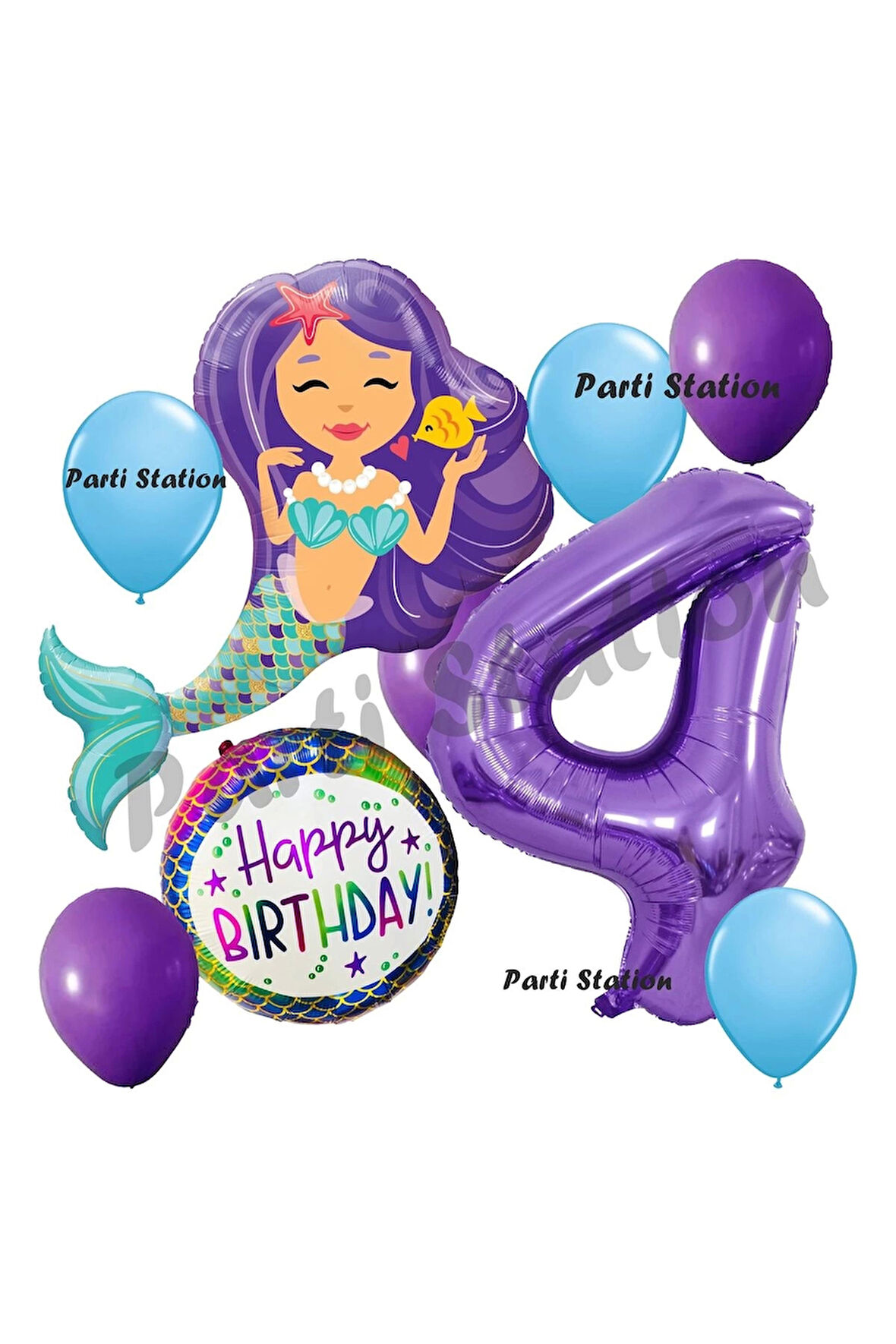 Mermaid Deniz Kızı 9 Yaş Balon Set Deniz Kızı Konsept Balon ve Mor Renk Rakam Balon