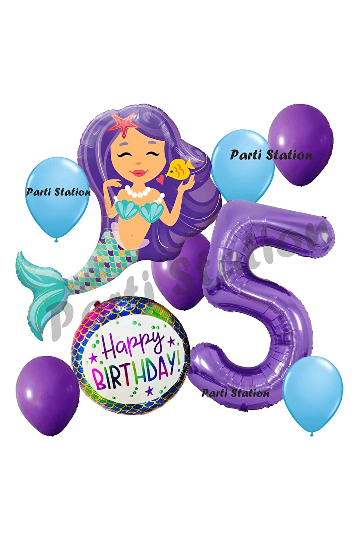 Mermaid Deniz Kızı 9 Yaş Balon Set Deniz Kızı Konsept Balon ve Mor Renk Rakam Balon