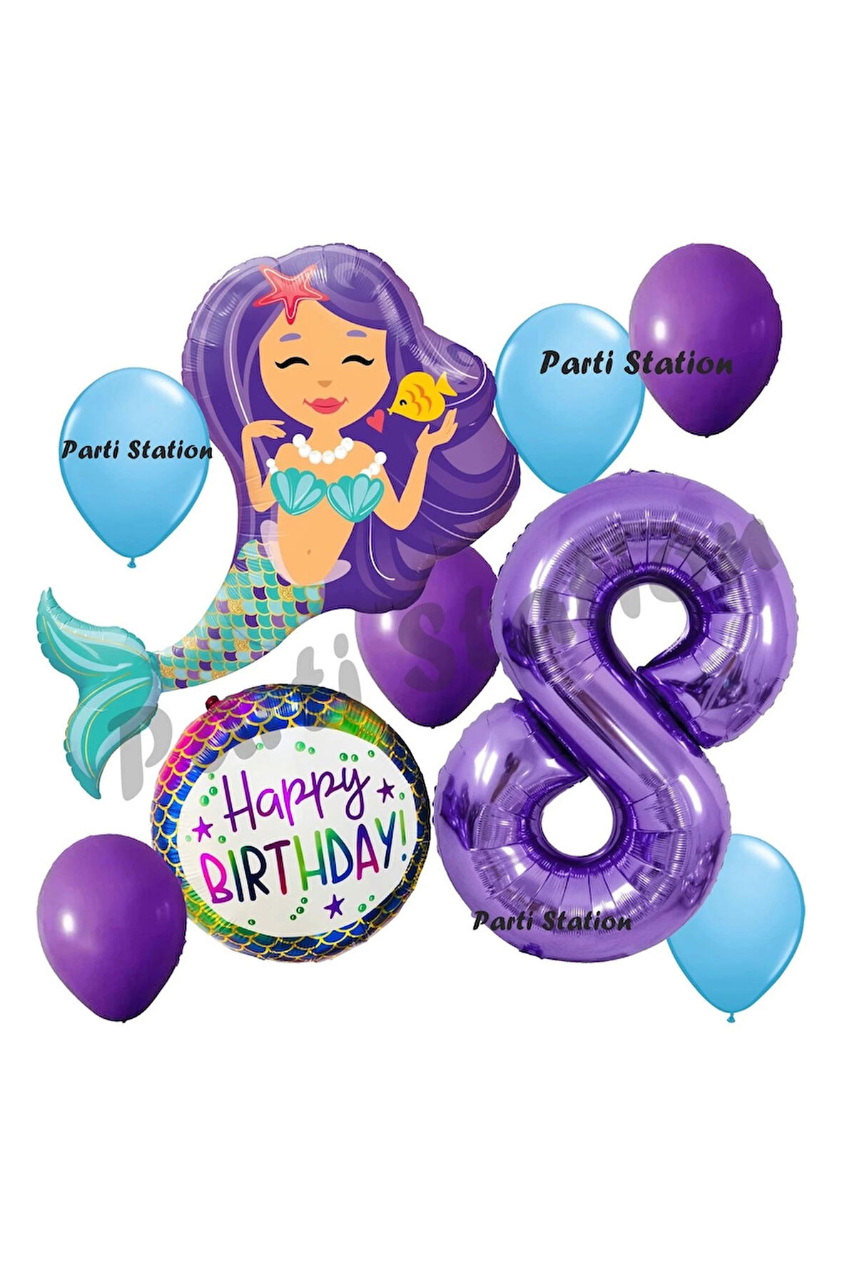 Mermaid Deniz Kızı 9 Yaş Balon Set Deniz Kızı Konsept Balon ve Mor Renk Rakam Balon